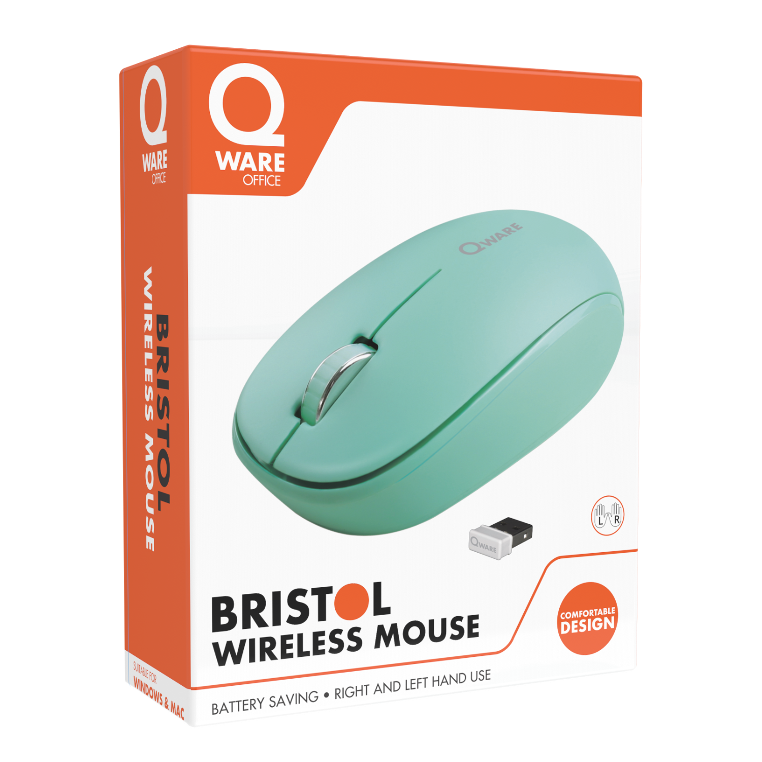 Een mintgroene draadloze muis in de verpakking. Het merk is Qware.