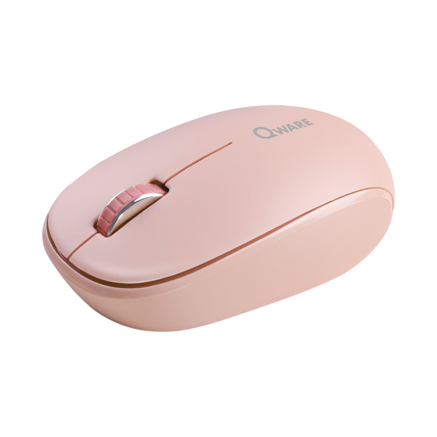 Pink computer mouse with scroll wheel. QWARE logo visible. Black background.