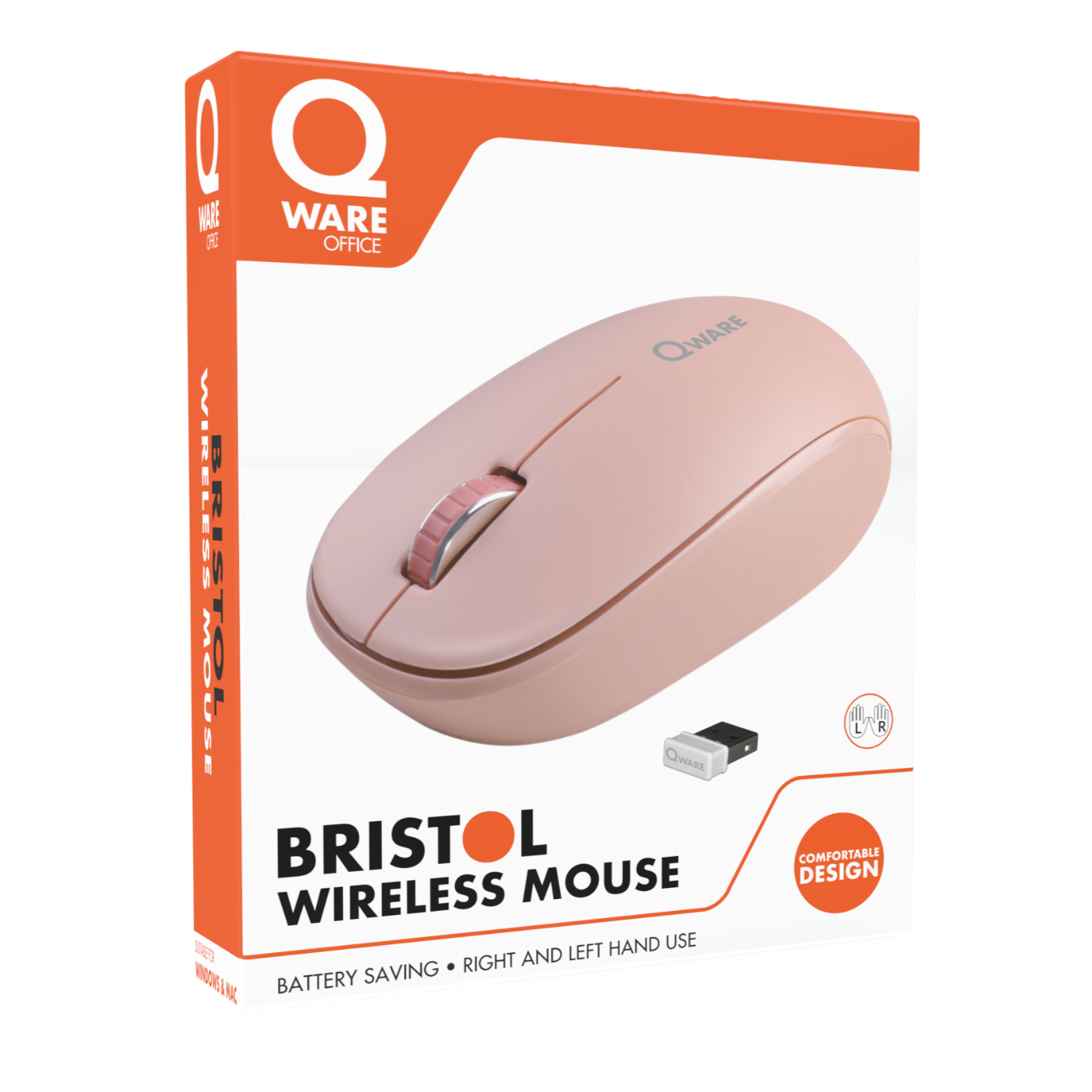 Pink wireless mouse in a box. The box is white and orange and has the mouse name on it.