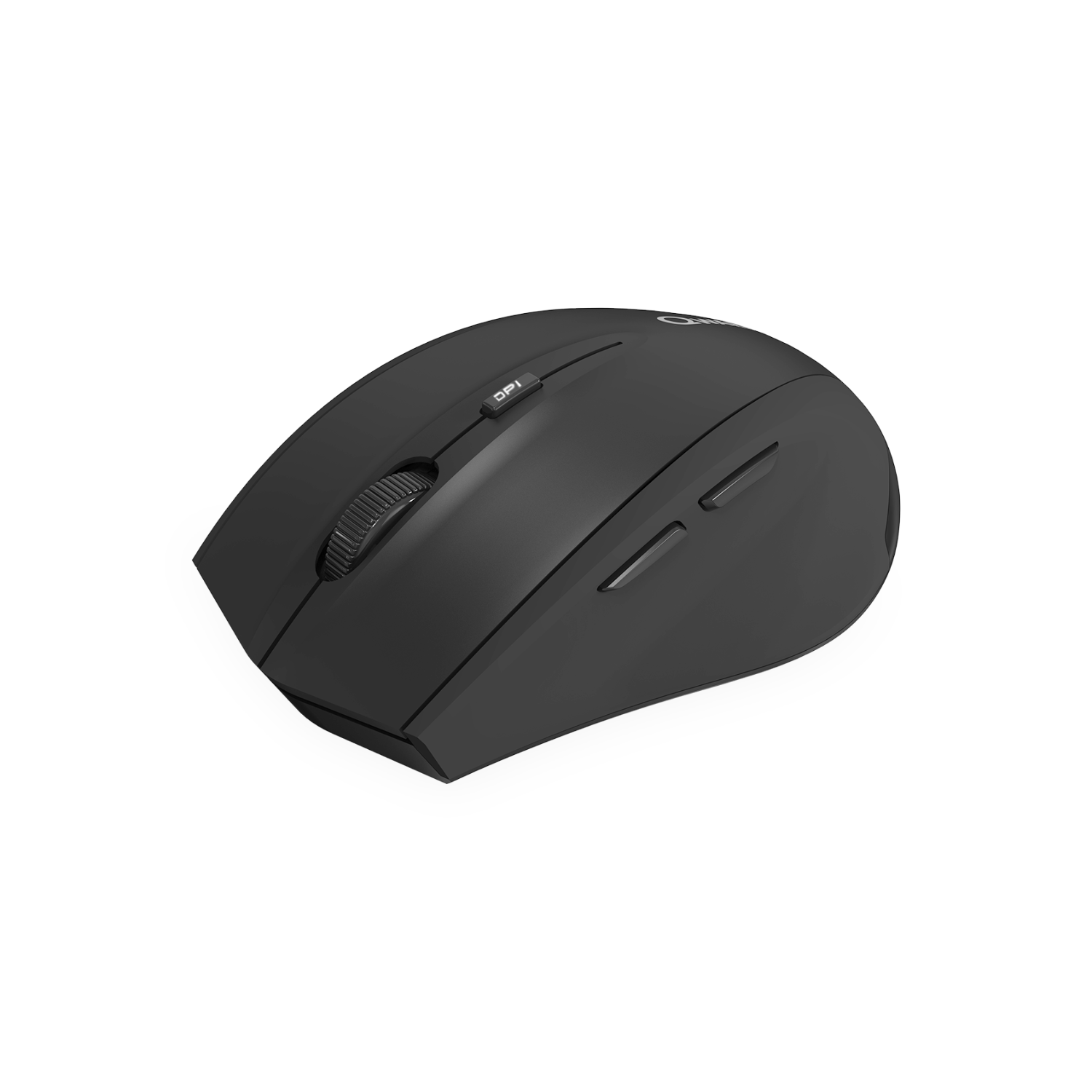 Zwarte computermuis. Het heeft een scrollwiel en knoppen. De muis staat op een zwarte achtergrond.