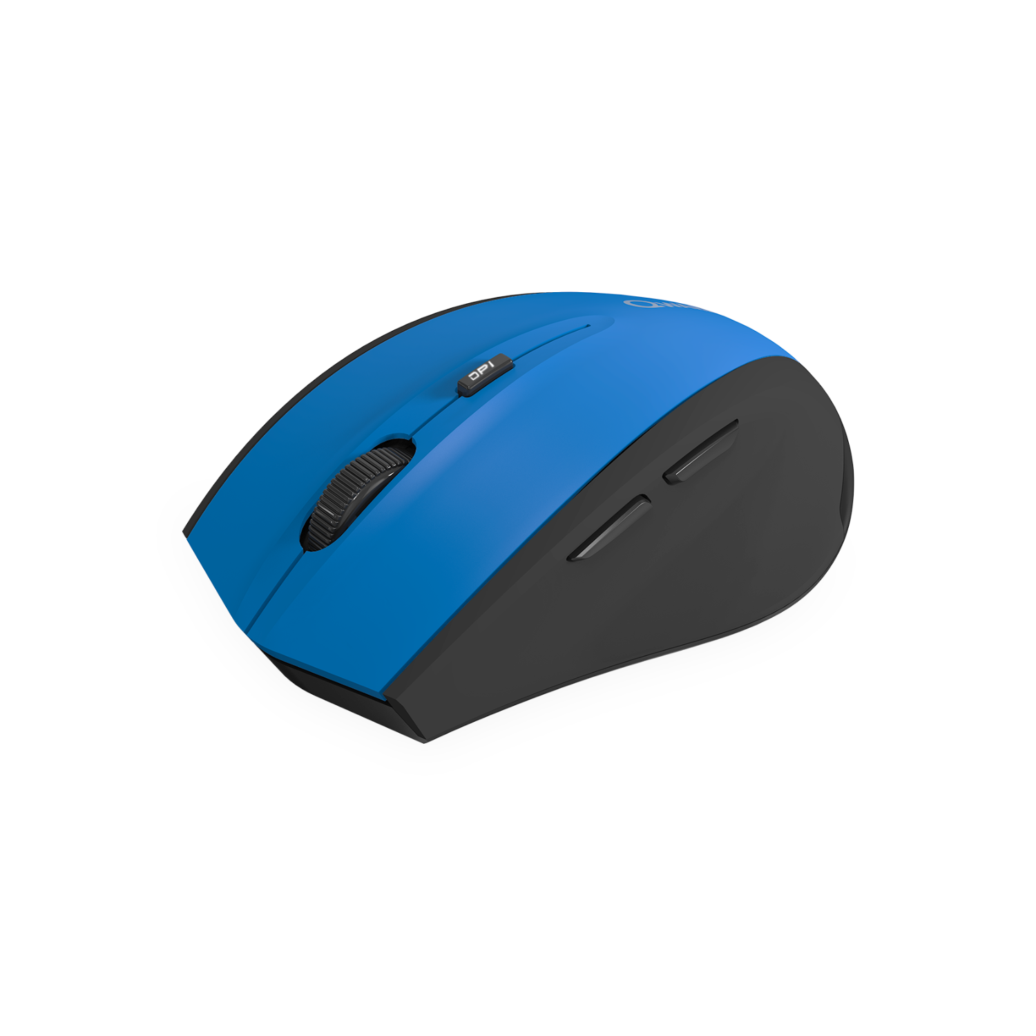 Blue and black wireless mouse. The mouse has a scroll wheel and two side buttons.