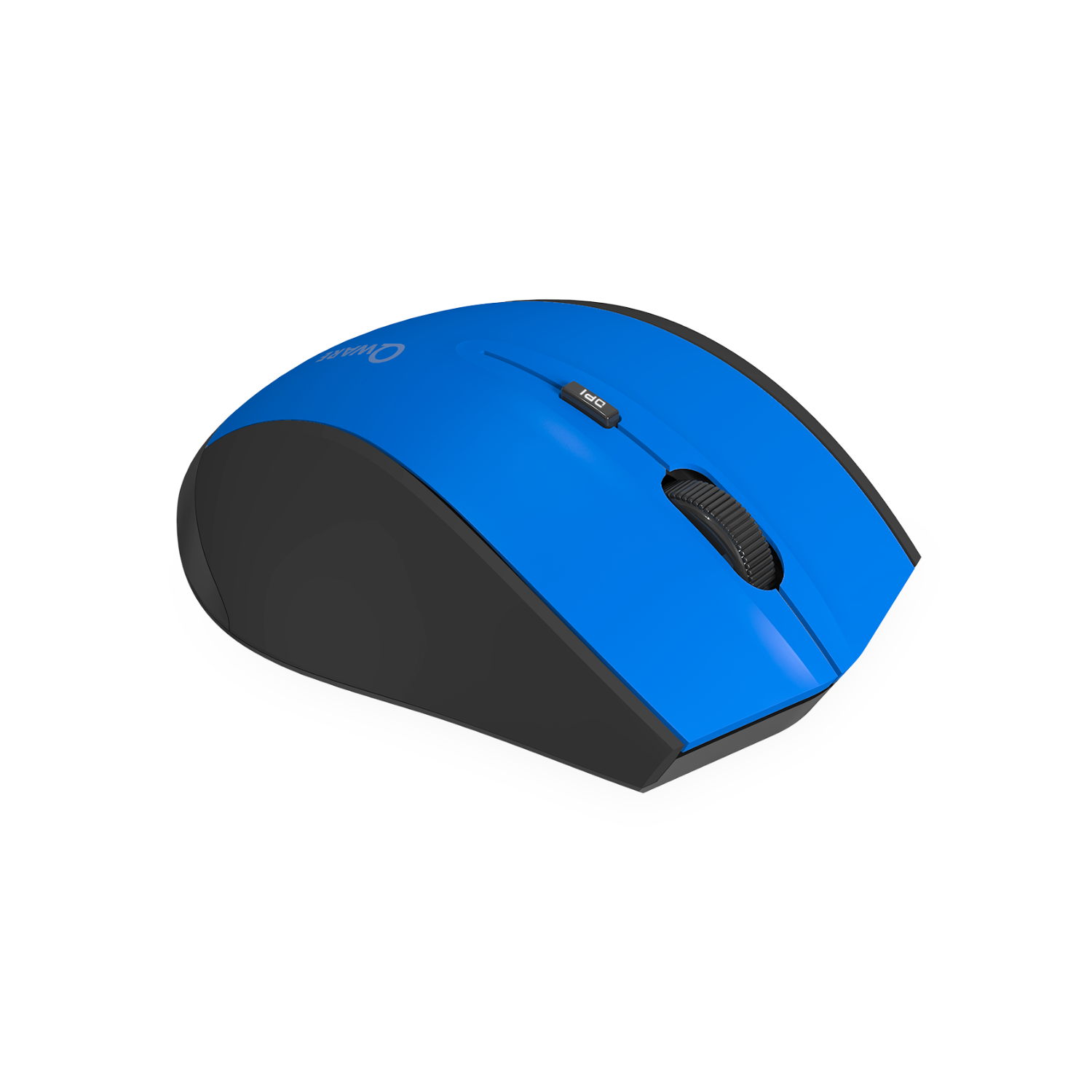 Blue and black computer mouse on black background.
