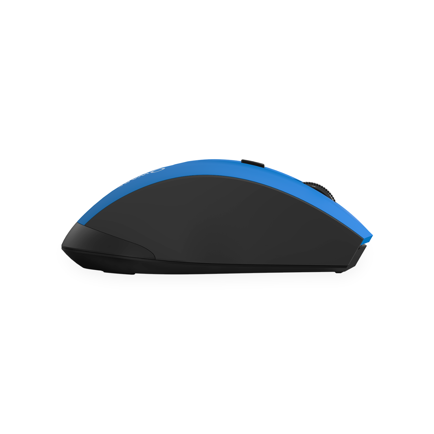 A black computer mouse with a blue top. The mouse has a scroll wheel.