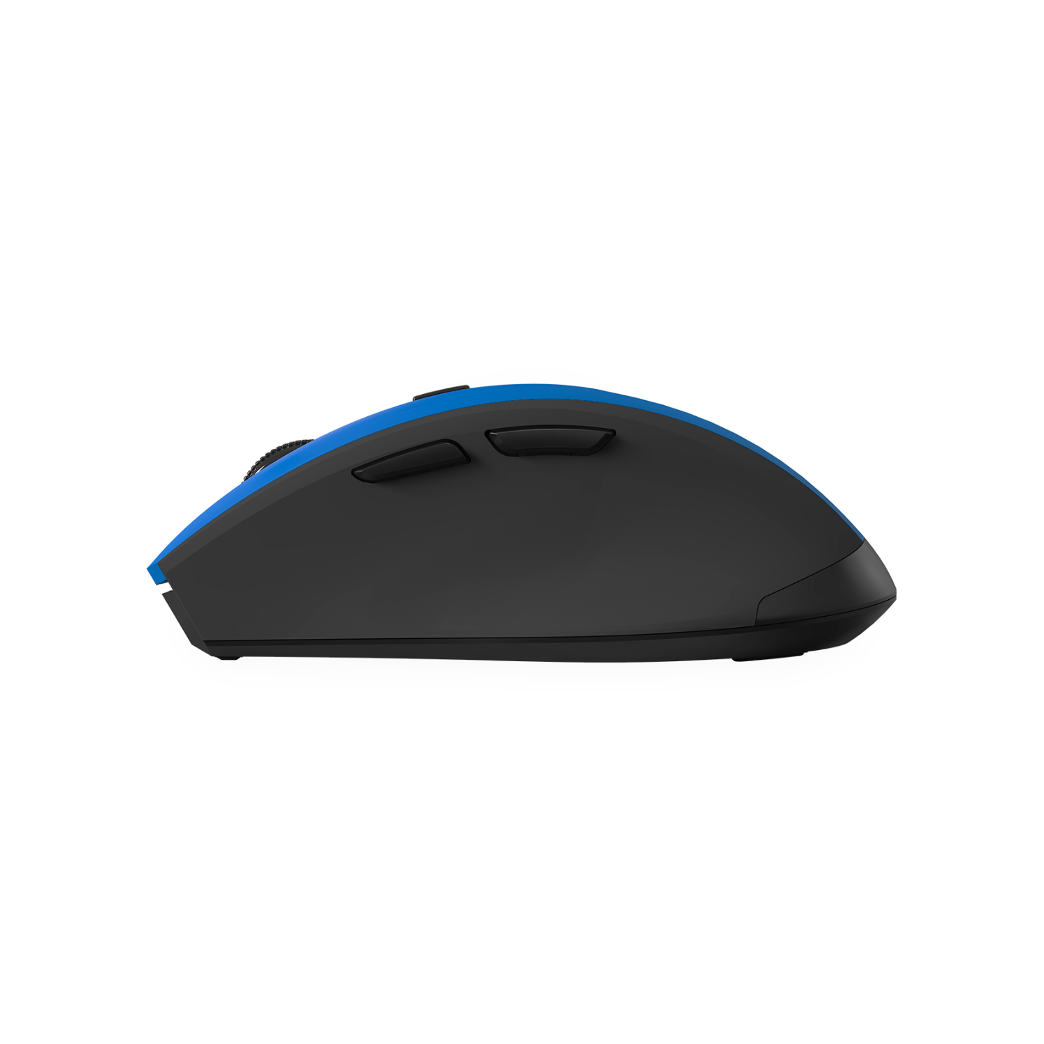 Blue and black wireless mouse, side view, on a white background.