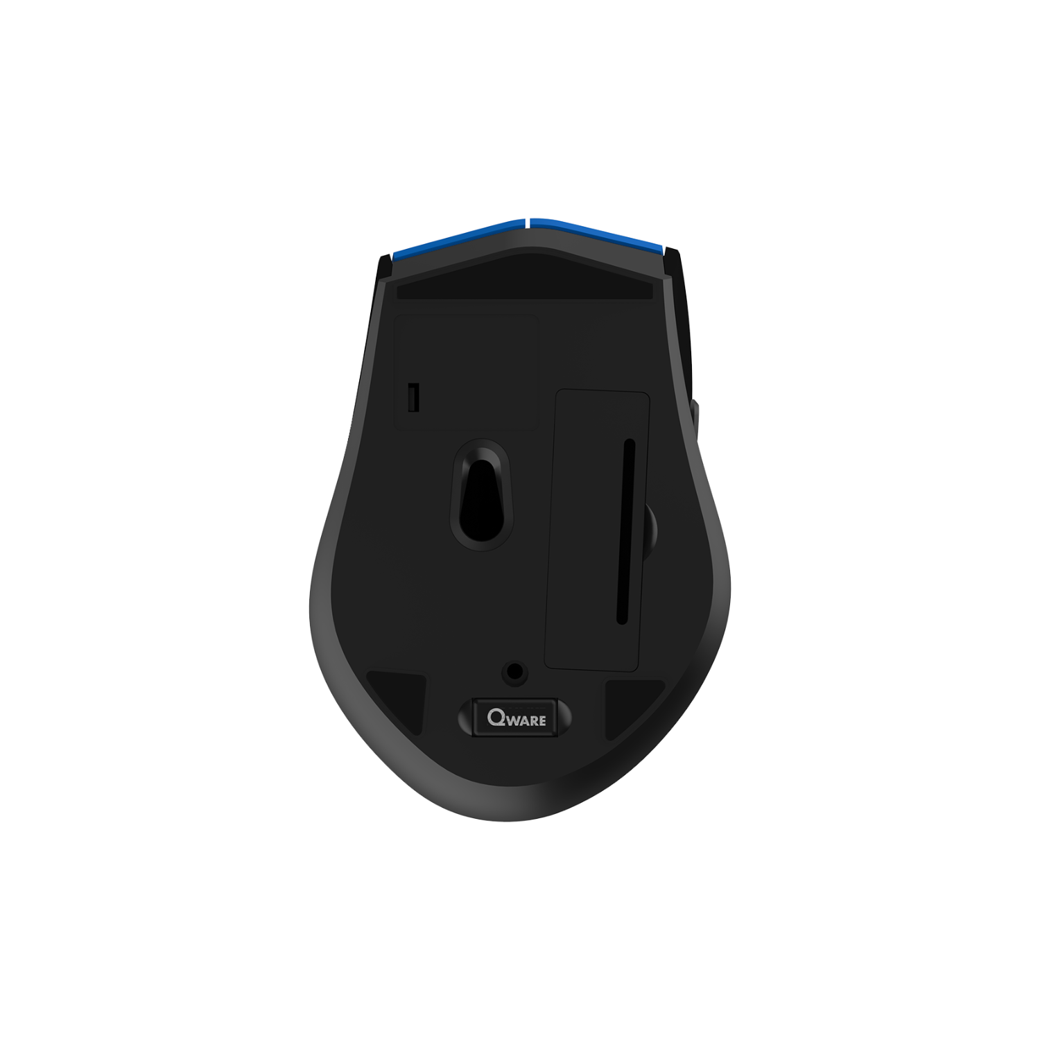 Black computer mouse. The bottom shows the brand name, with blue accents. Isolated on a white background.