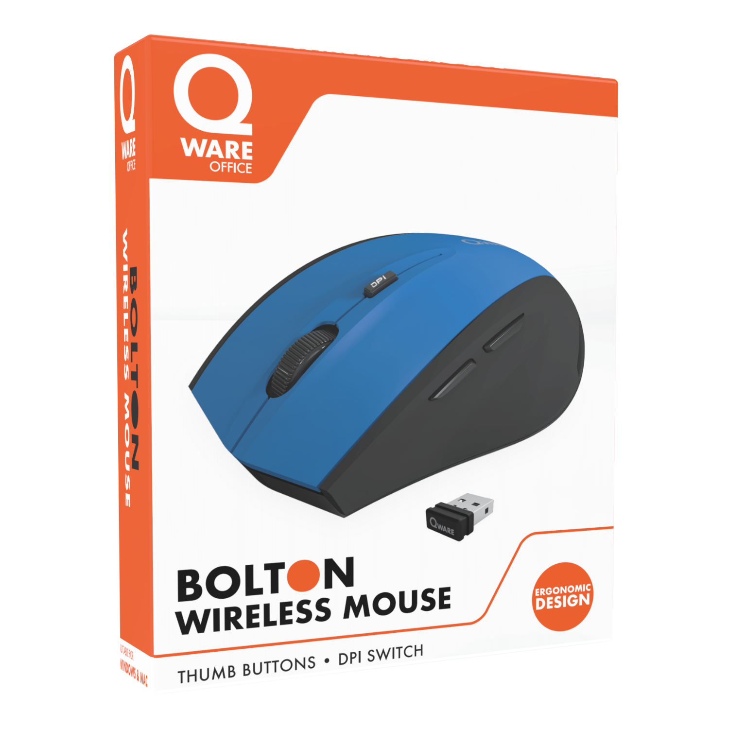 Blue and black wireless mouse with a wireless receiver and product box.