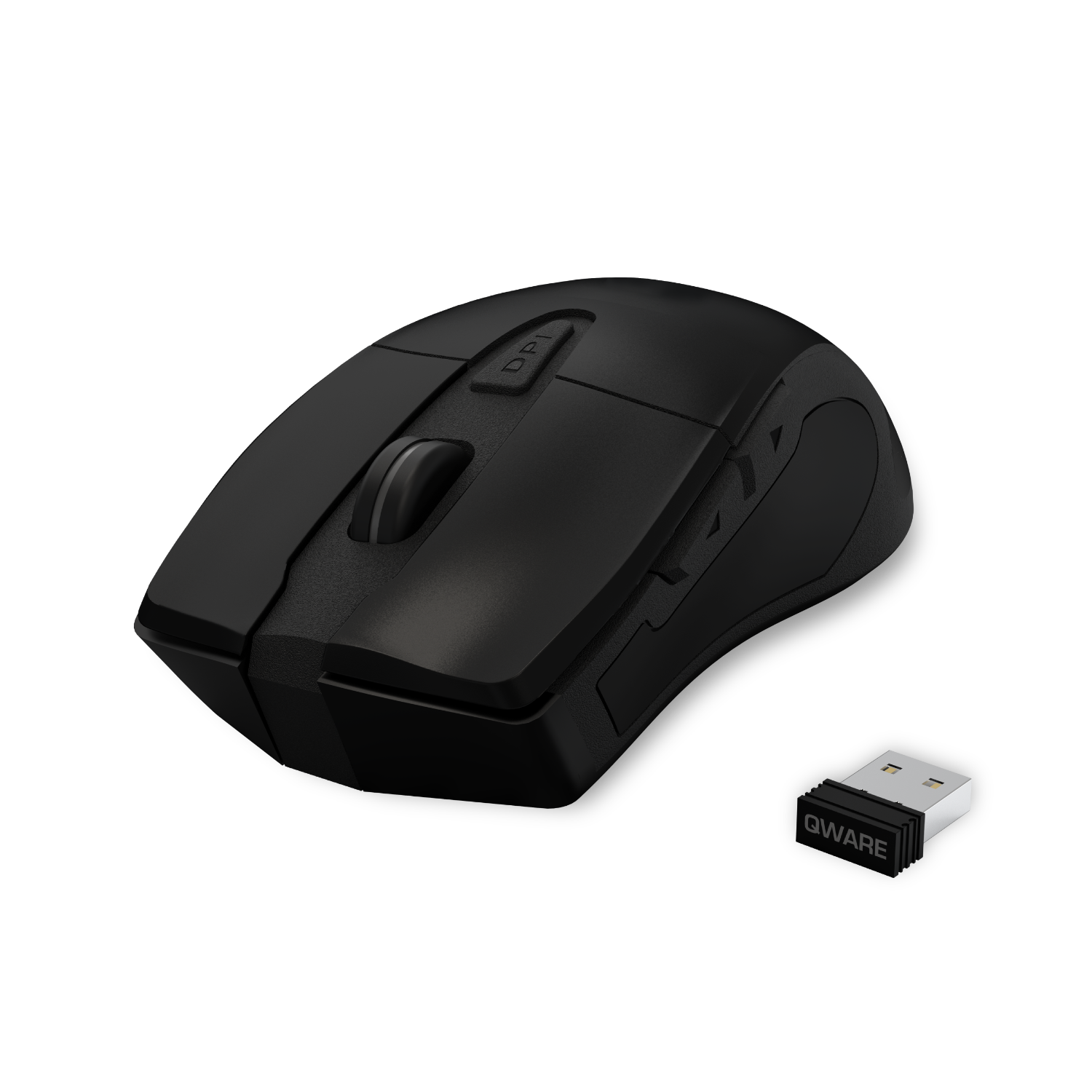 Een zwarte draadloze muis met een USB-ontvanger.