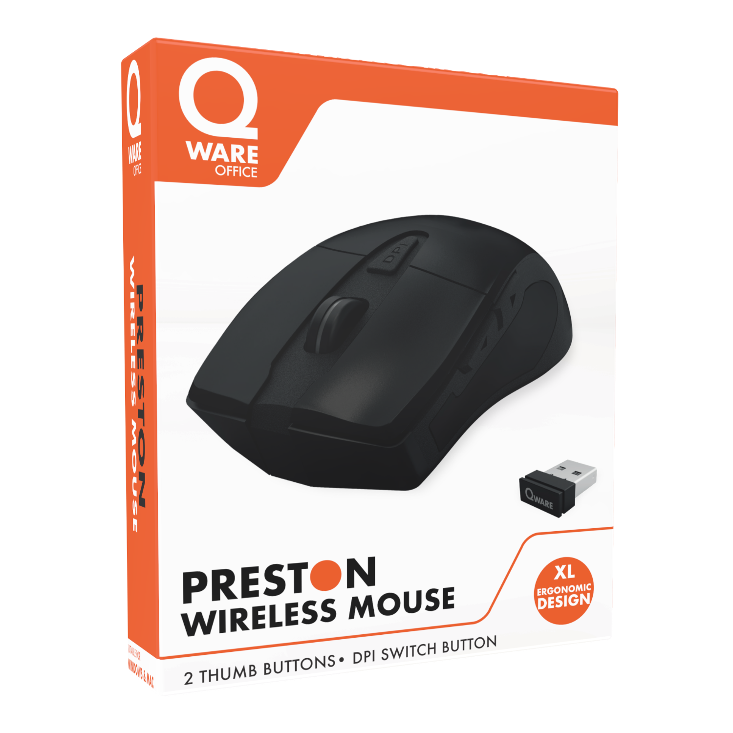 Zwarte draadloze muis in een doos met productnaam en XL ergonomisch ontwerp.