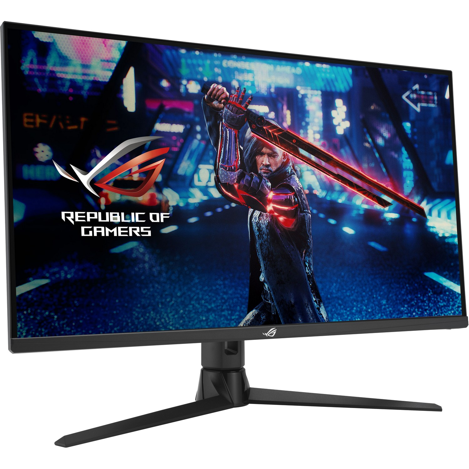 Gaming monitor. A man with swords is on the screen. The ROG logo is on the bottom.