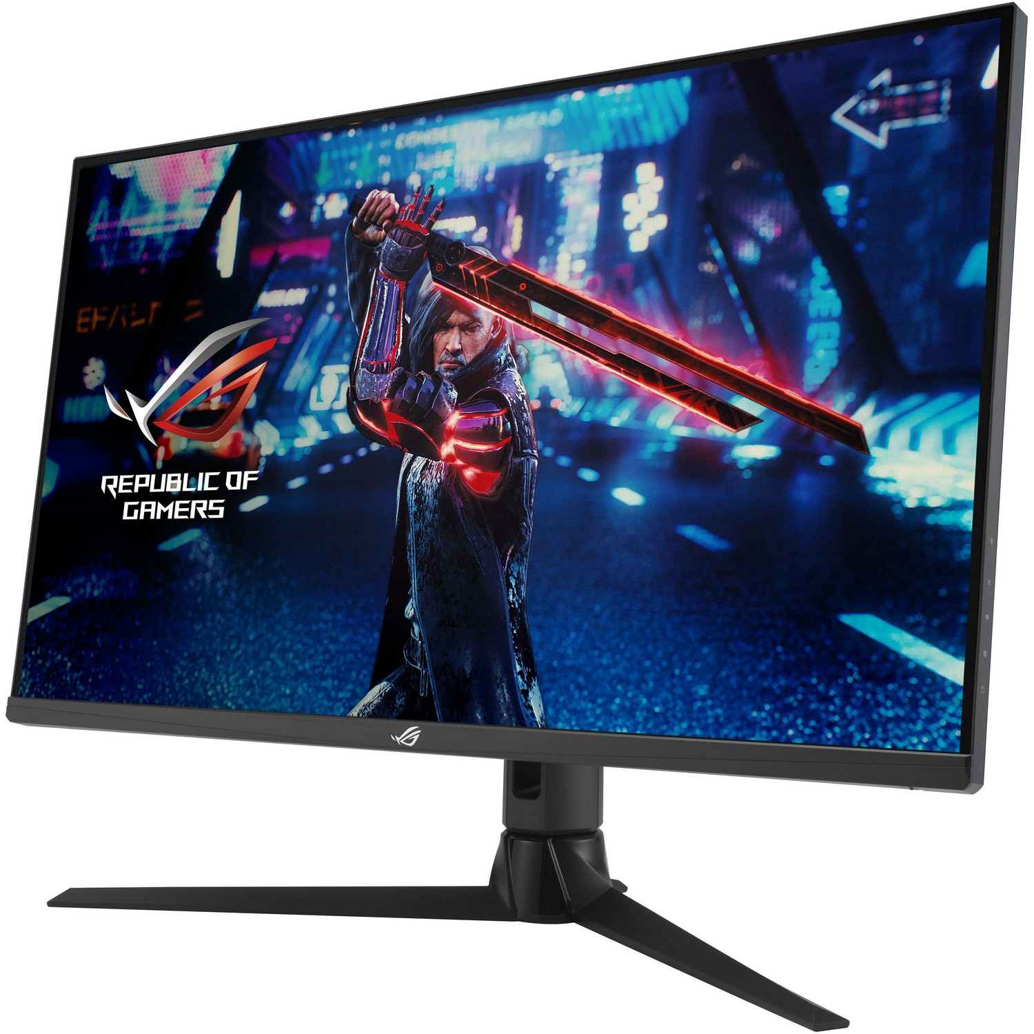 Gaming monitor with a person holding a sword in a dark setting.