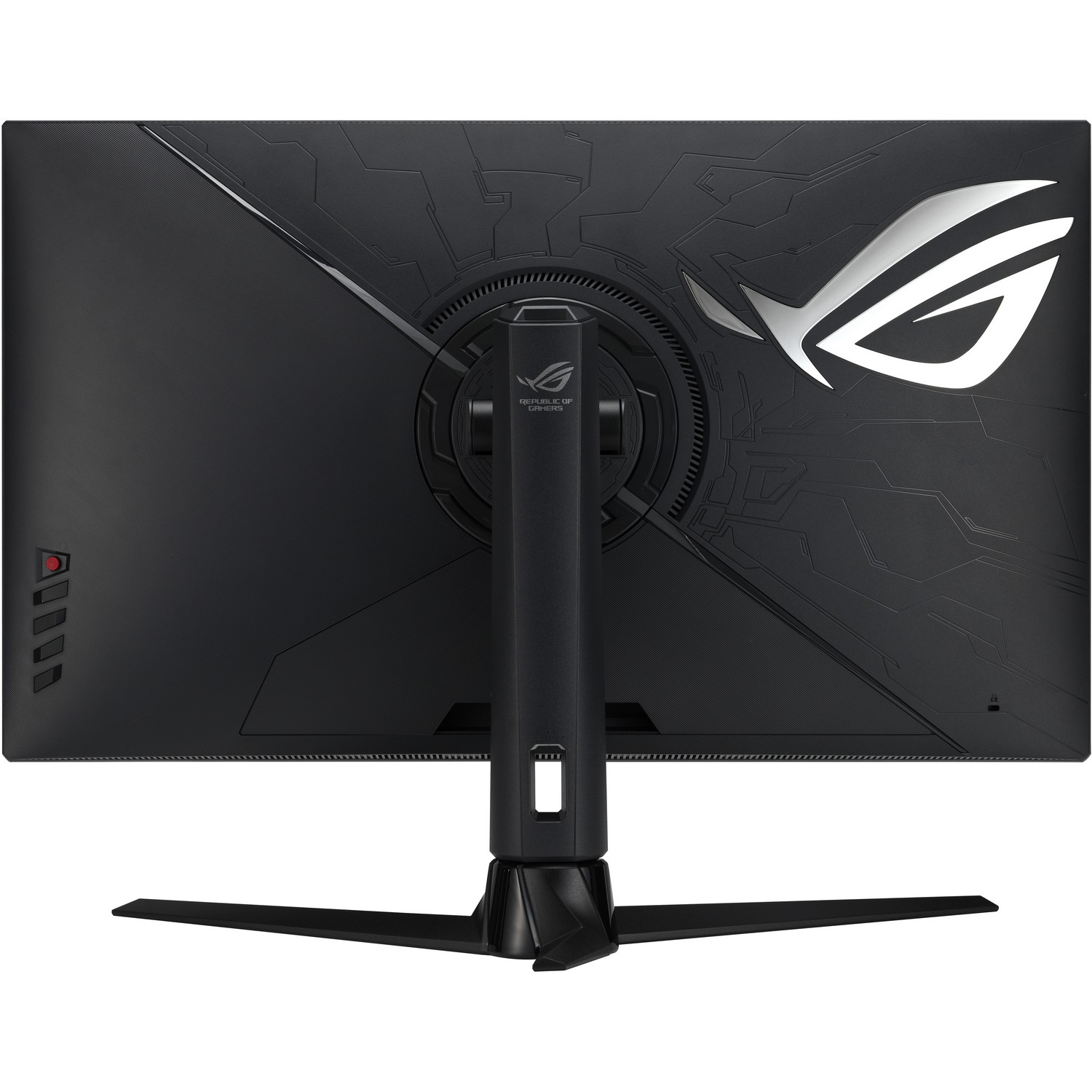 Black computer monitor rear view. It has the ROG logo and a stand.