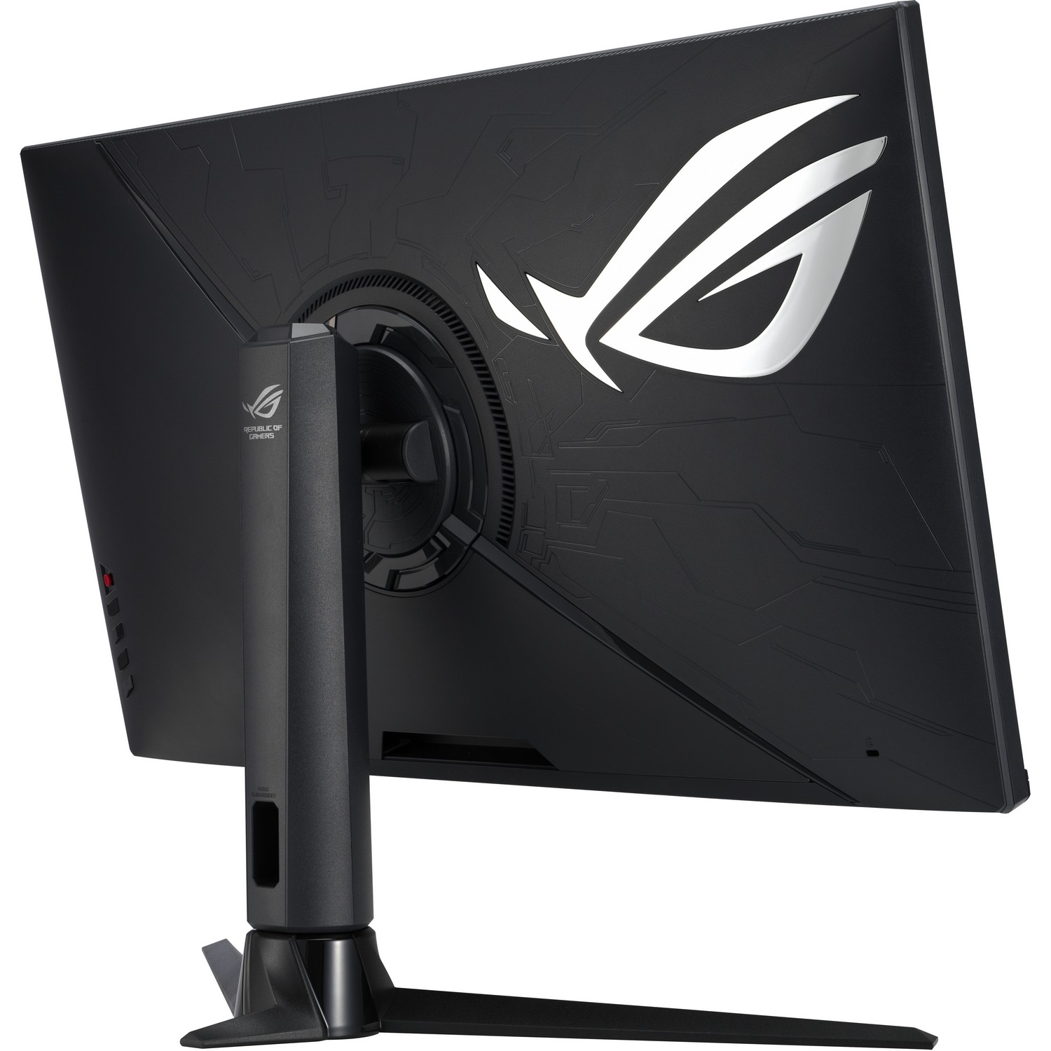 Back view of a black gaming monitor with a white ROG logo and a stand.