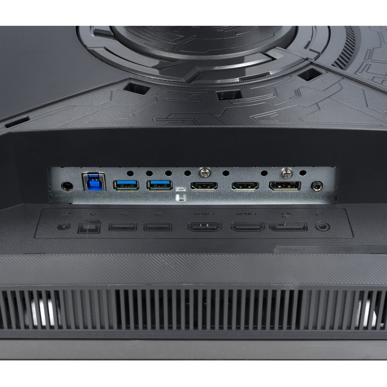 Close-up of the back of a monitor with various ports: USB, HDMI, and others. It's a dark gray color.