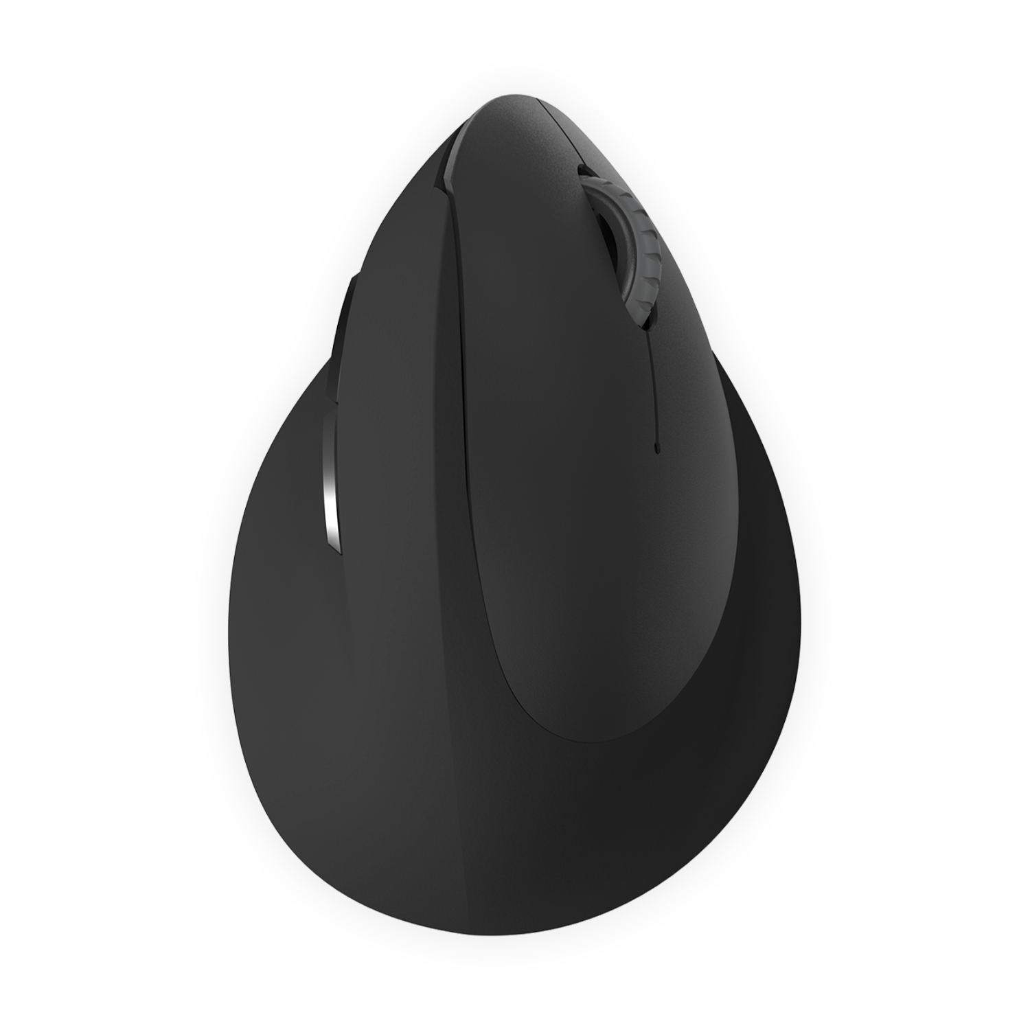 Zwarte ergonomische muis op witte achtergrond. Verticaal ontwerp met knoppen en een scrollwiel.