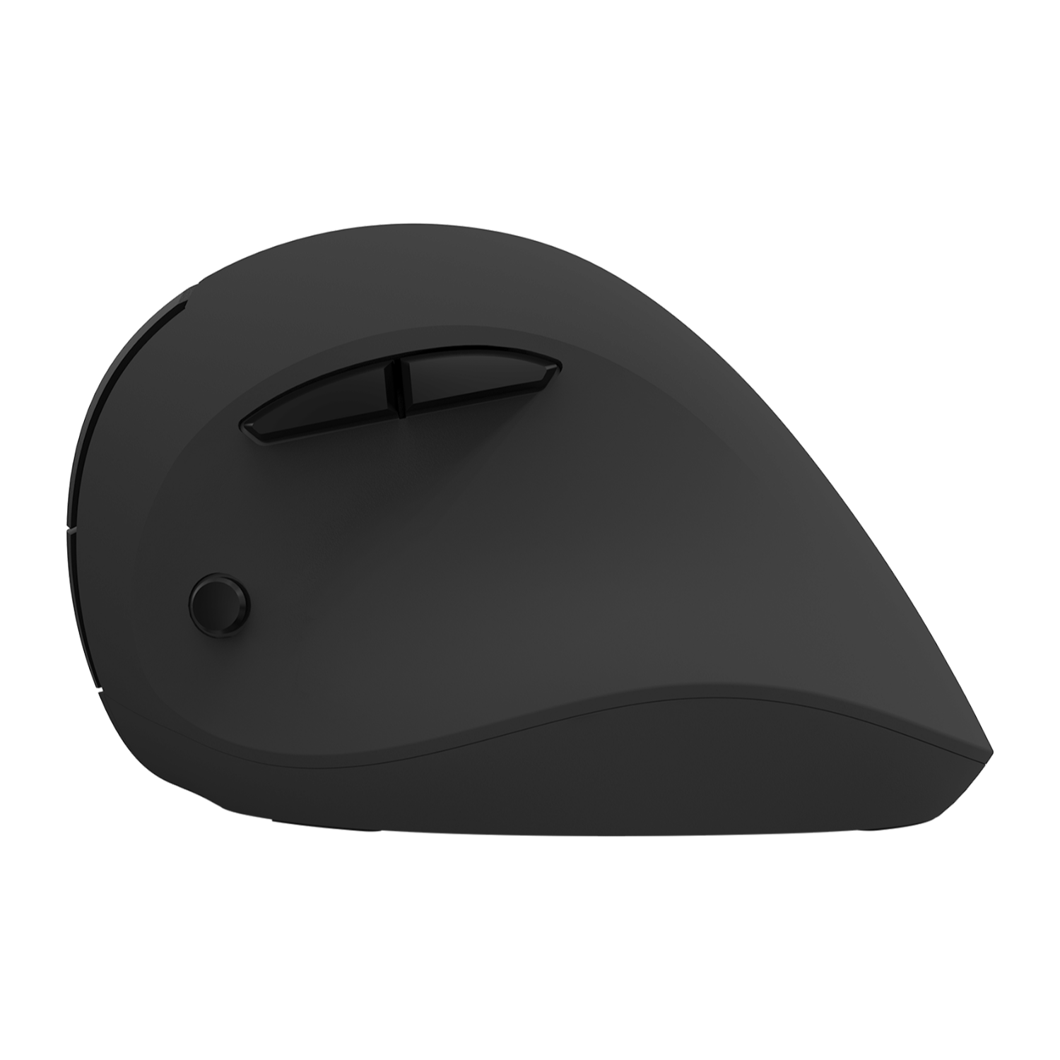 Zwarte ergonomische muis met knoppen. Het is een draadloze muis.