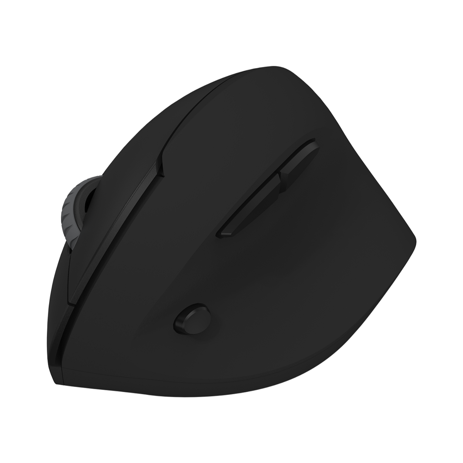 Een zwarte ergonomische muis met een duimsteun en een scrollwiel.
