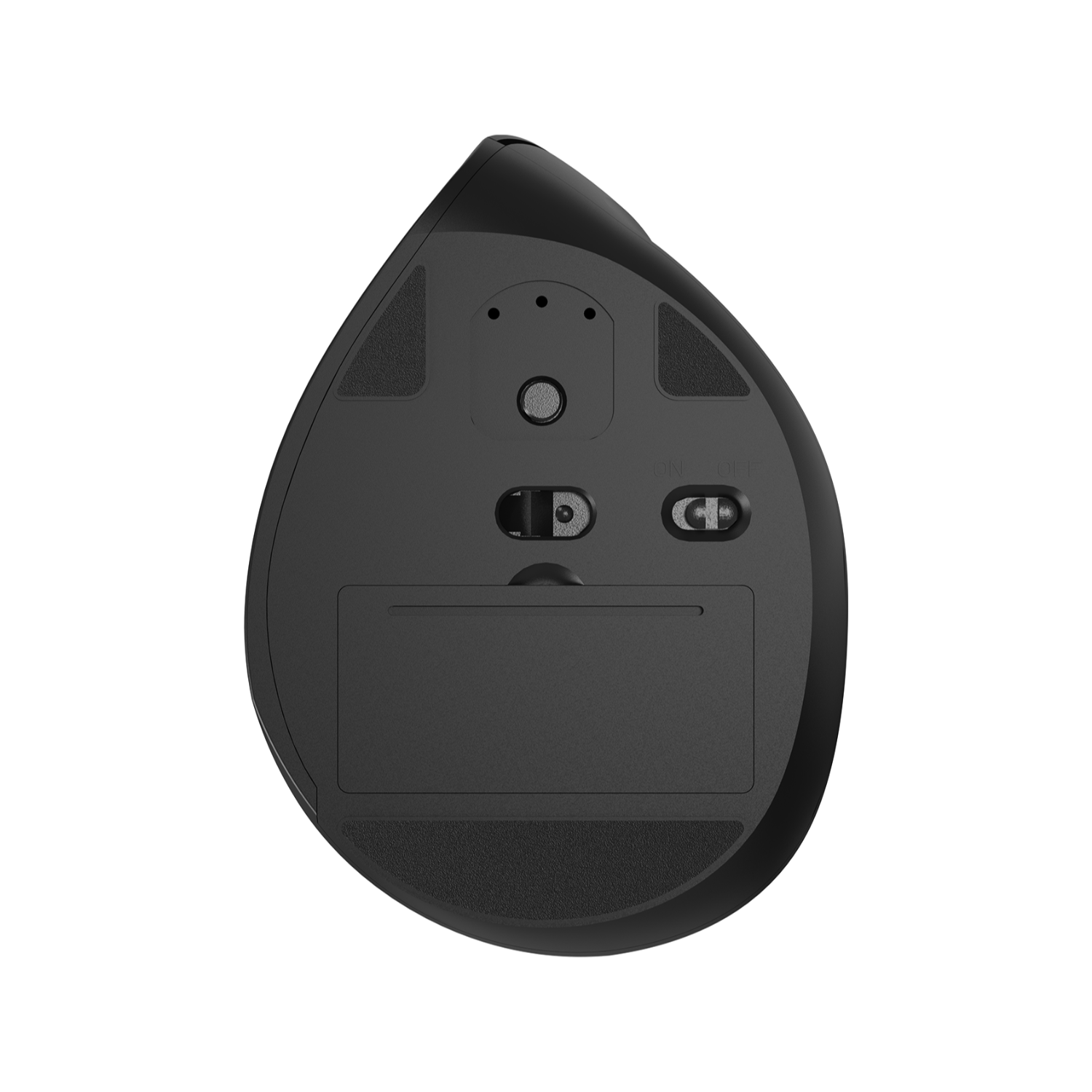 Onderaanzicht van een zwarte ergonomische muis met knoppen en een schakelaar.
