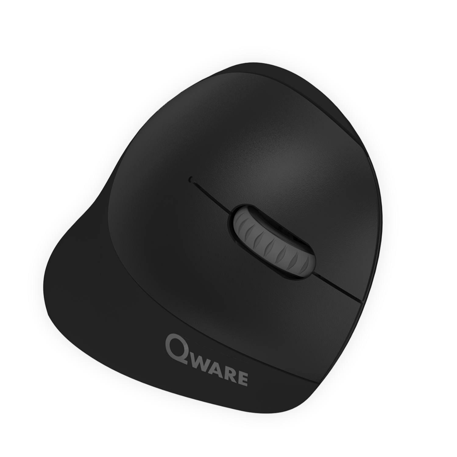 Zwarte ergonomische muis met scrollwiel en QWARE-logo.