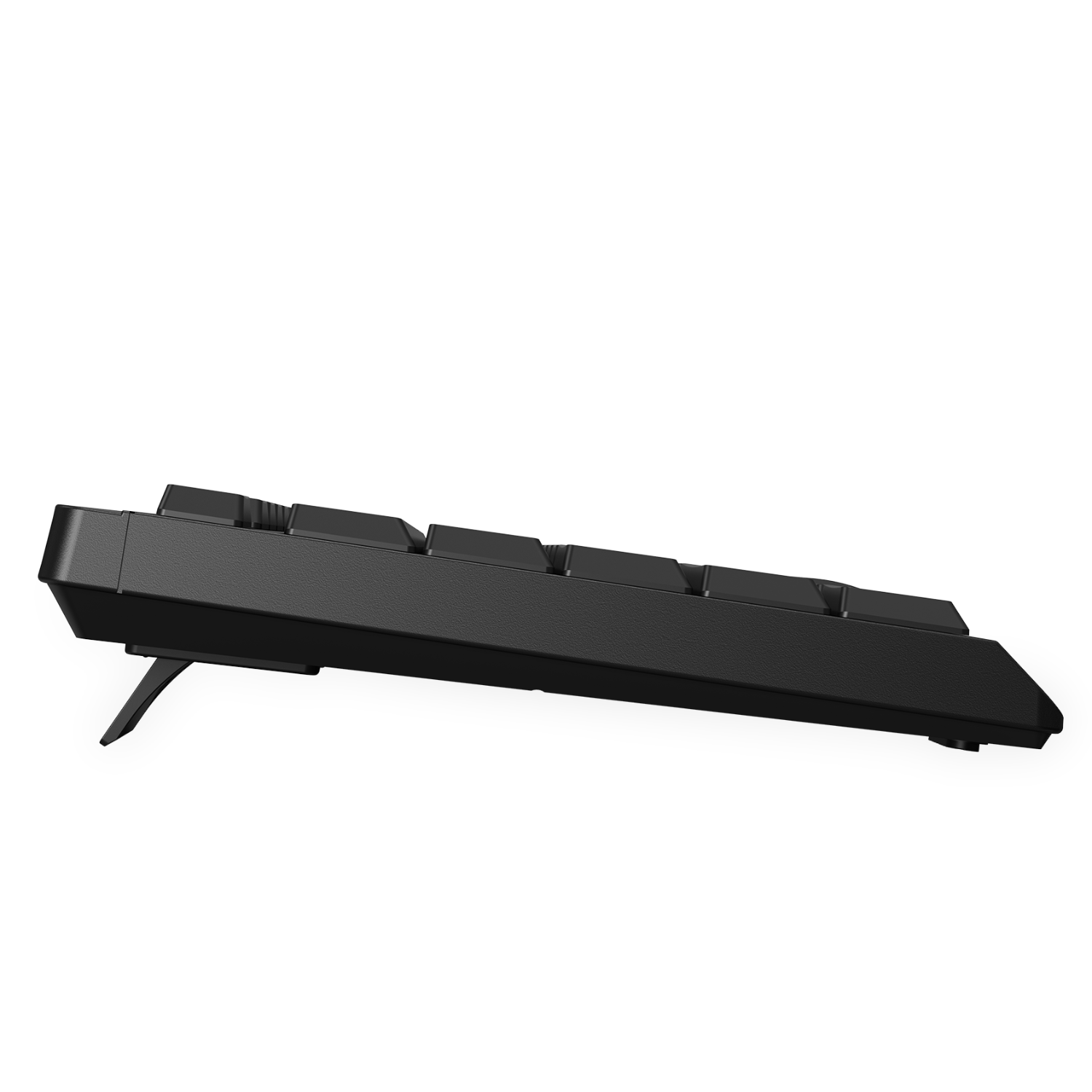 Black keyboard from a side view. The keys are visible, and the back legs are extended.