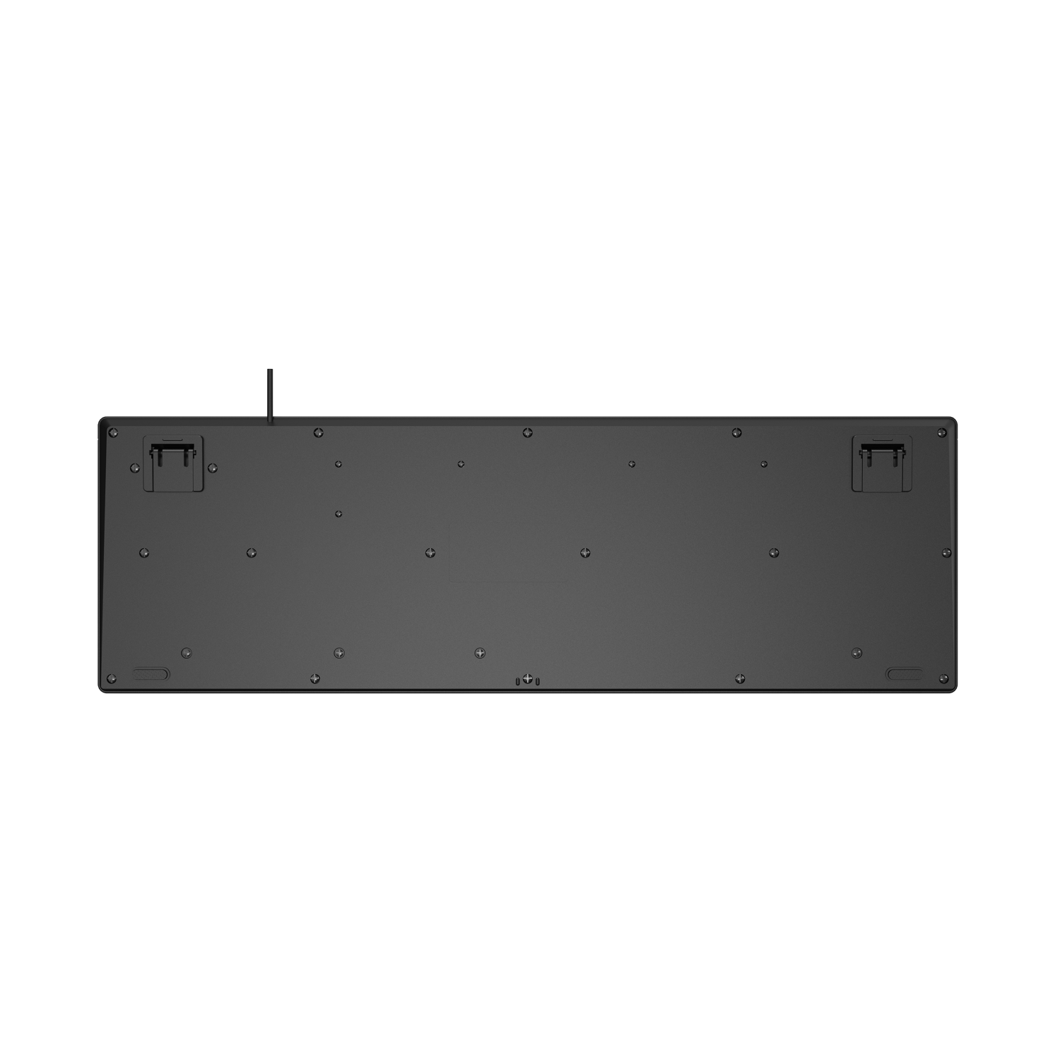 Black keyboard bottom, with screws, and cable port.