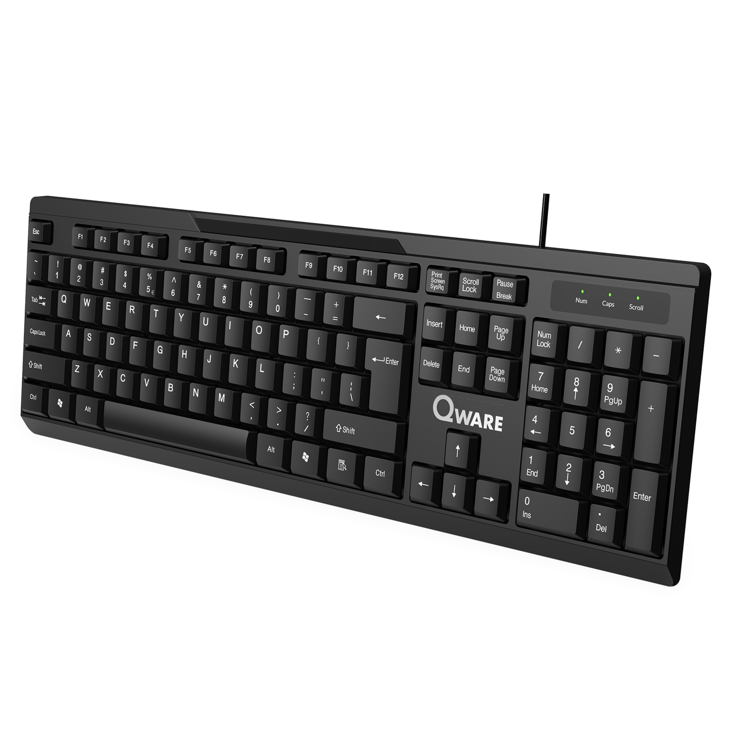 Black keyboard on a white surface. Qwerty layout with function keys and number pad.