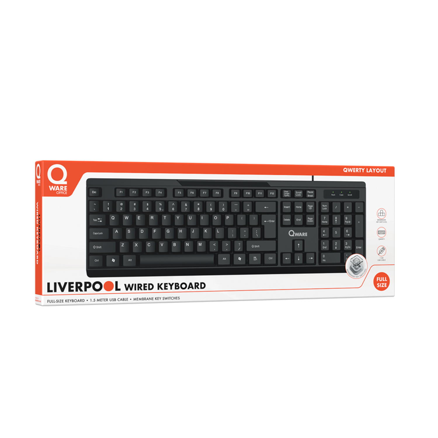 Black keyboard in a box. Text: Liverpool Wired Keyboard, QWERTY layout, full size.