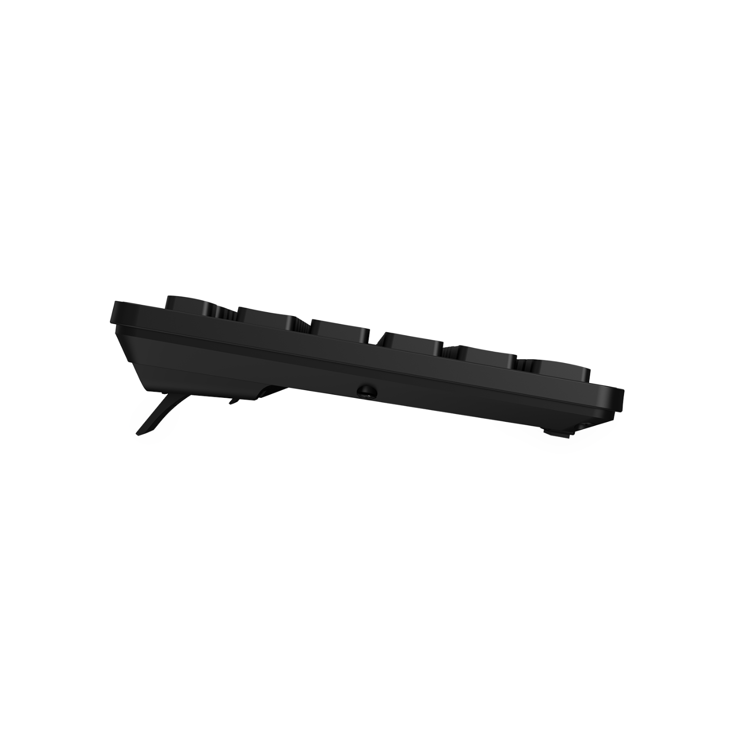 Side view of a black keyboard with raised keys and two feet.