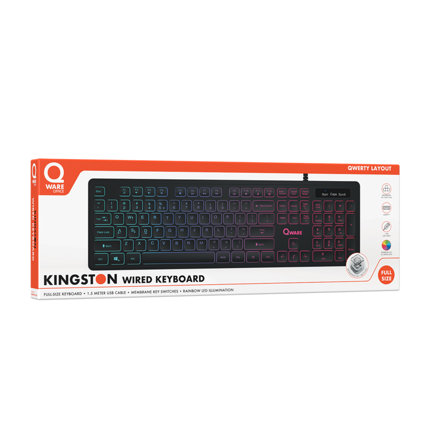 Kingston wired keyboard box. Keyboard is black with rainbow LED illumination. The box is white and red.