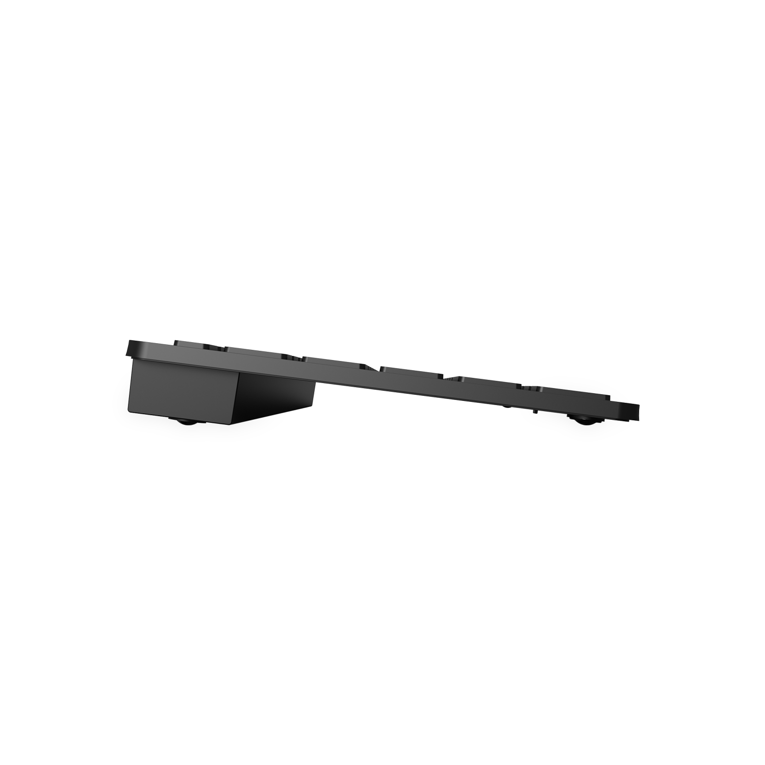 Zwart toetsenbord, zijaanzicht. Zwart toetsenbord, schuin ontwerp, minimalistisch, effen zwart.