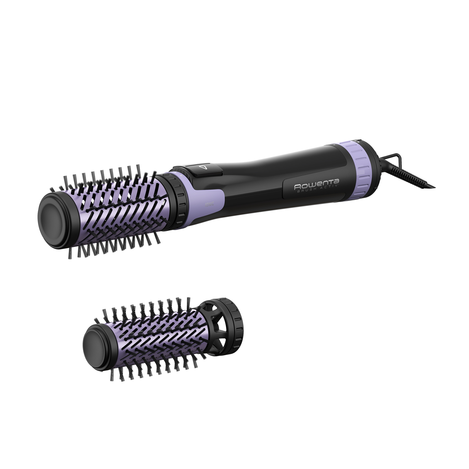 Arricciacapelli Rowenta nero e viola con due accessori, su sfondo bianco.