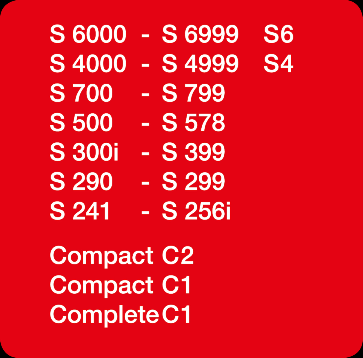 Roter Hintergrund mit weißem Text. Text listet Produktcodes auf: S6000-S6999, S4000-S4999 und mehr.