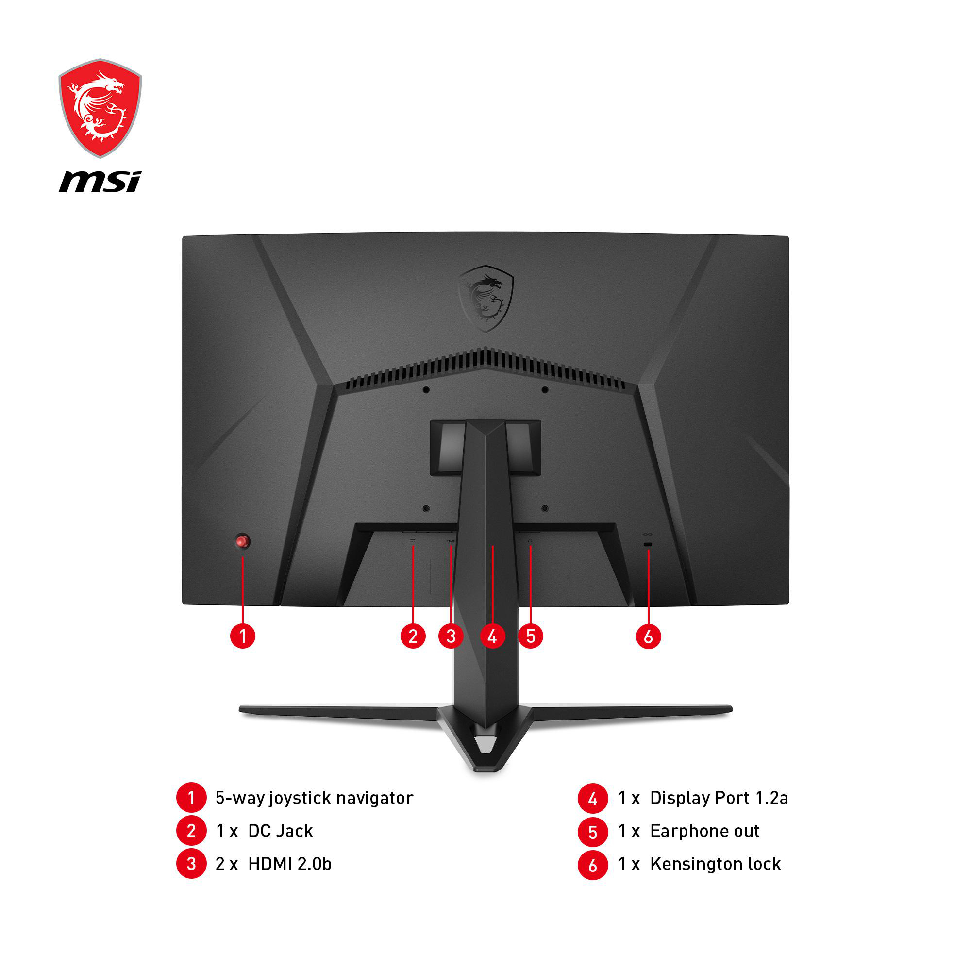 Die Rückseite eines schwarzen MSI-Monitors mit Anschlüssen. Enthält Joystick, HDMI, DP, Kopfhörer und Kensington-Schloss.