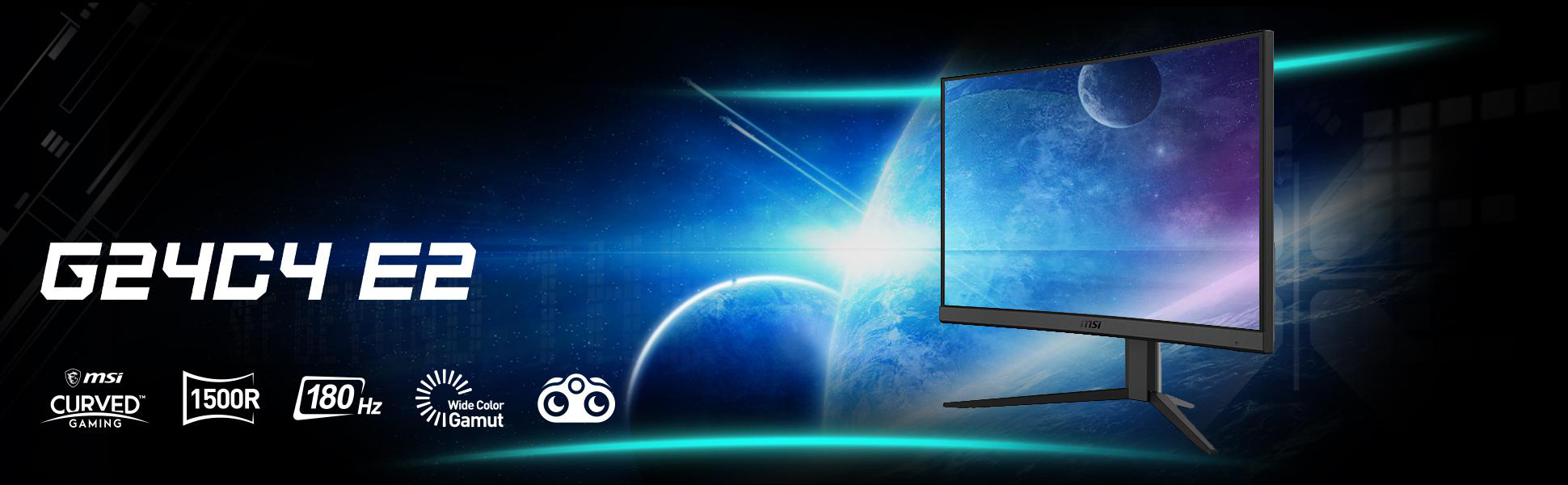 Gebogener Gaming-Monitor mit Weltraumhintergrund, Modellname G24C4 E2. Merkmale: 1500R, 180Hz, breite Farbskala.