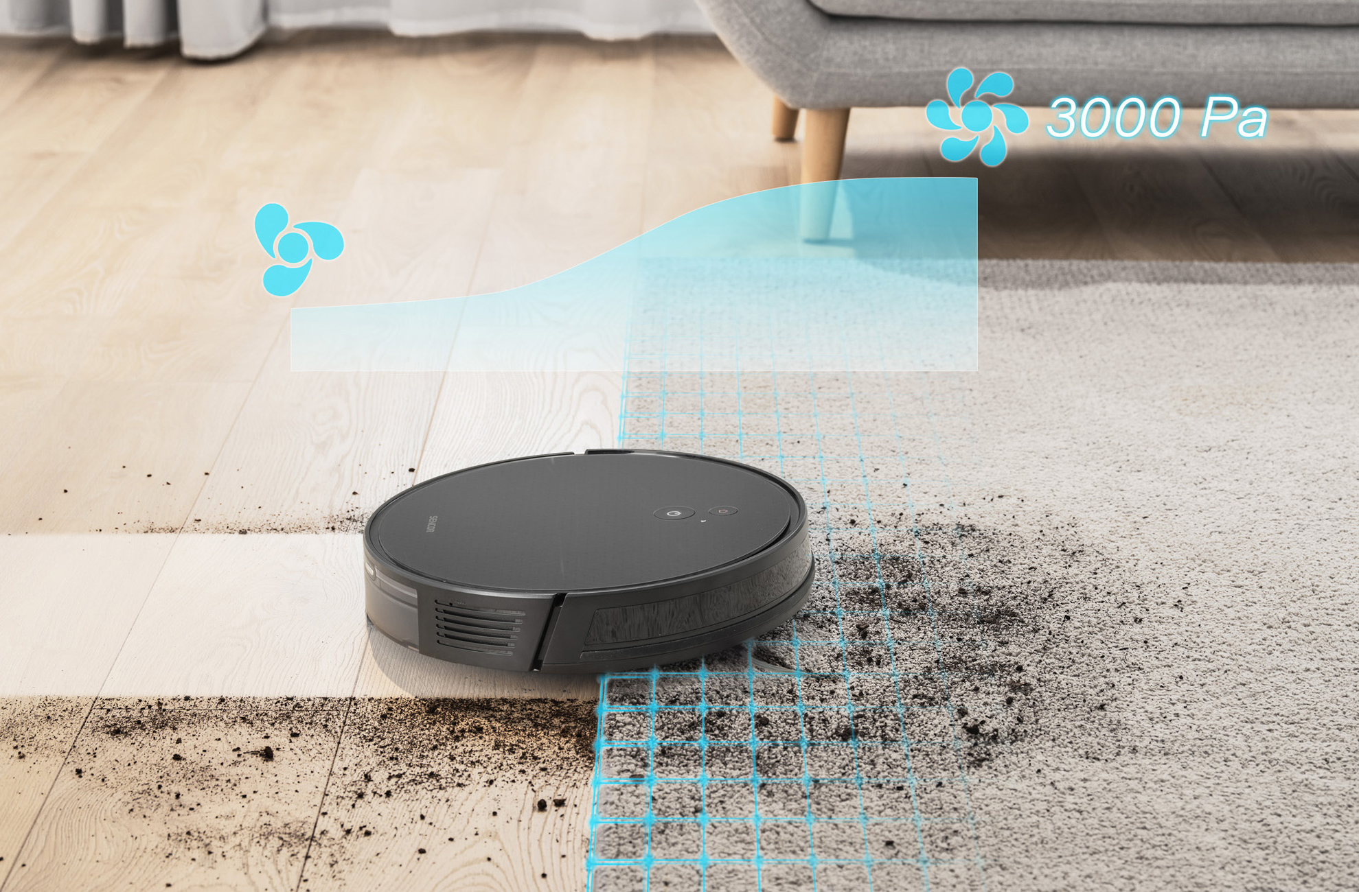 Egy robot porszívó tisztít egy fapadlót és egy szőnyeget, mutatva az utat.