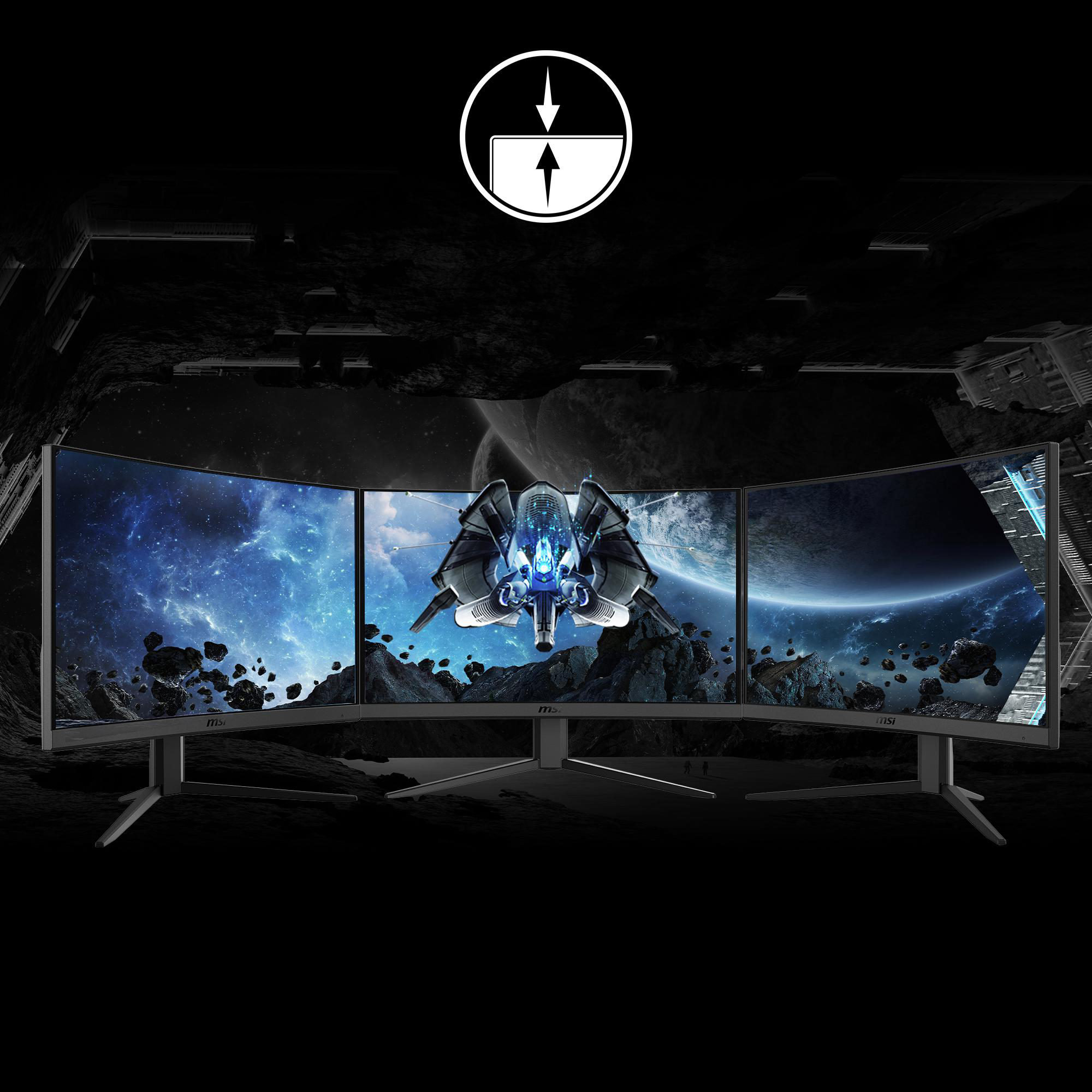 Drei gebogene Monitore zeigen eine Weltraumszene mit einem Raumschiff, unter einer Grafik.