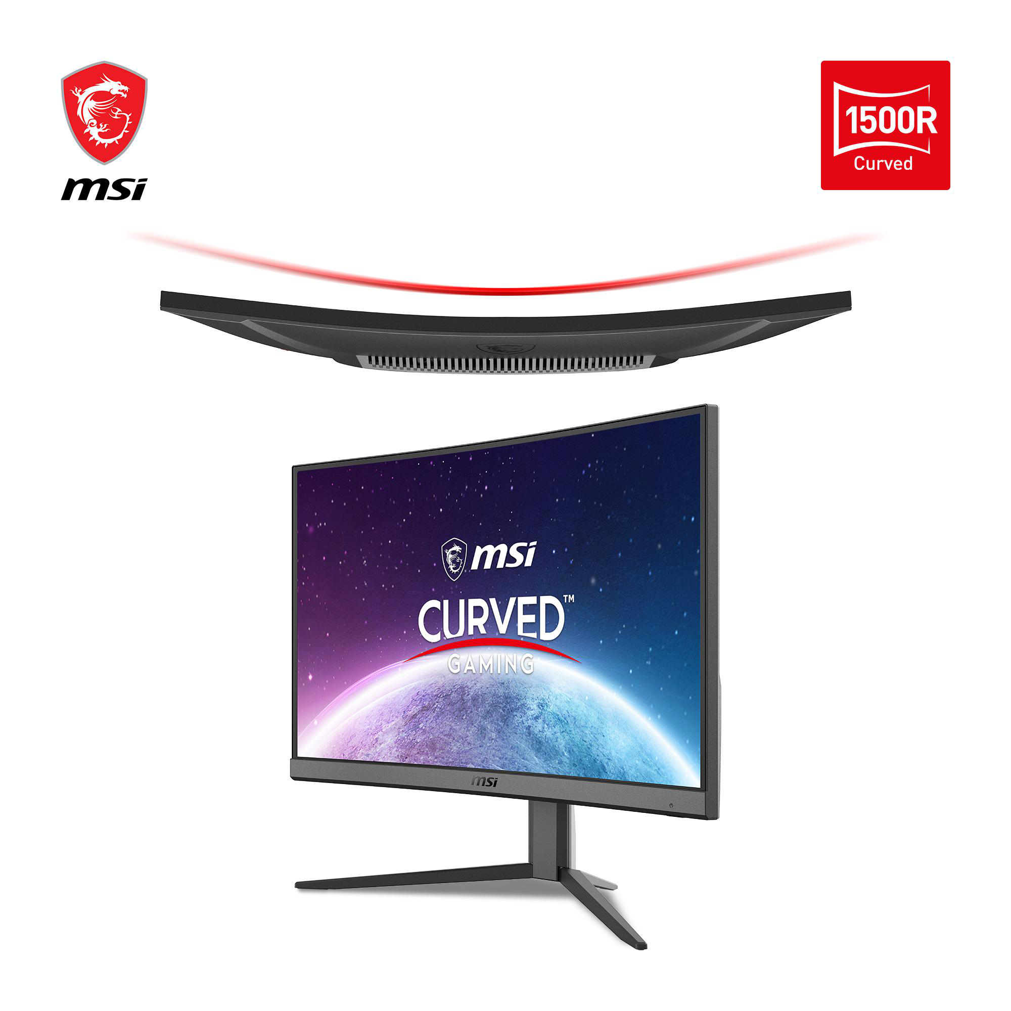 Ein gebogener Gaming-Monitor mit dem MSI-Logo und einem gebogenen Text.