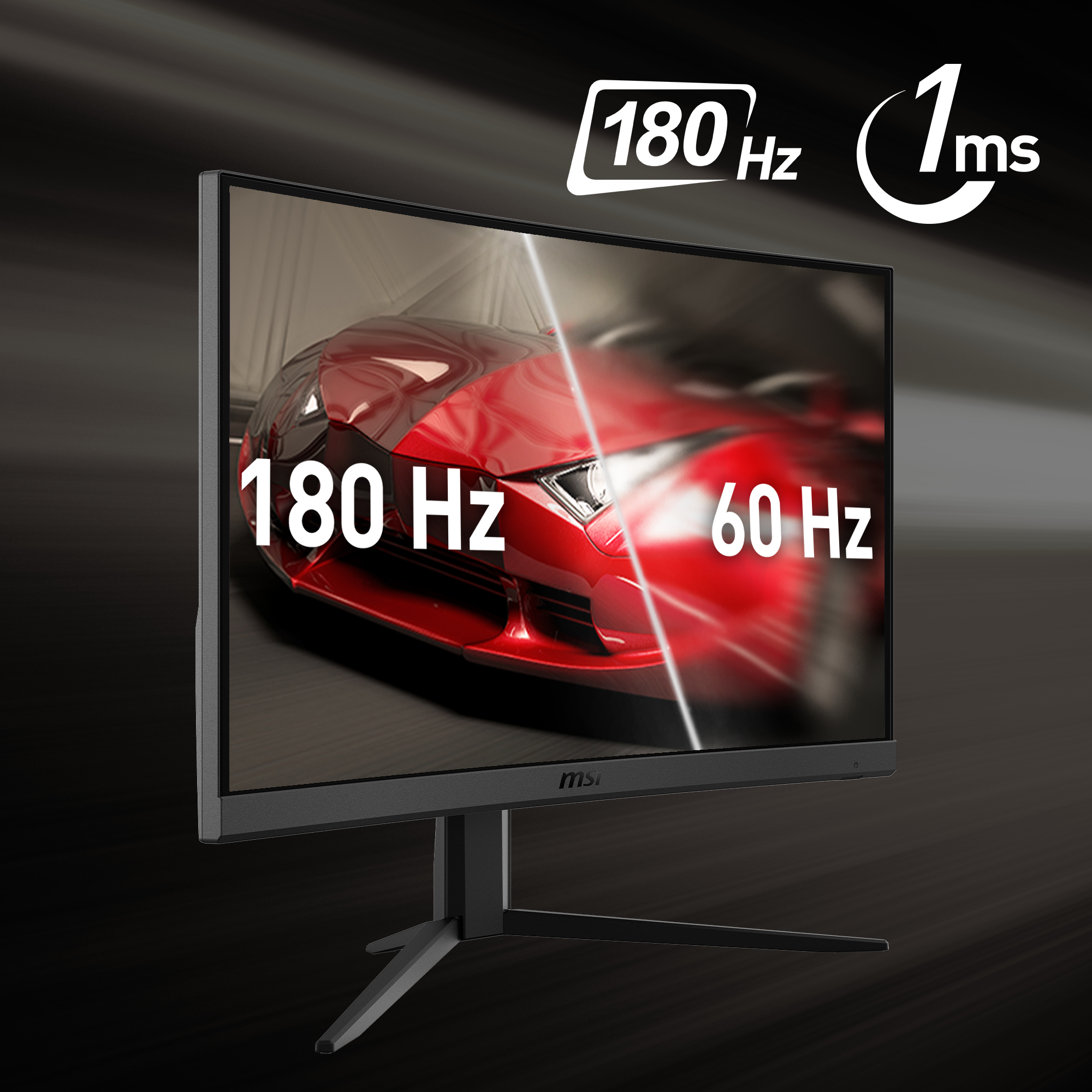 MSI-Monitor, der einen roten Sportwagen mit Unschärfeeffekt zeigt. Text: 180 Hz, 1 ms, 60 Hz.