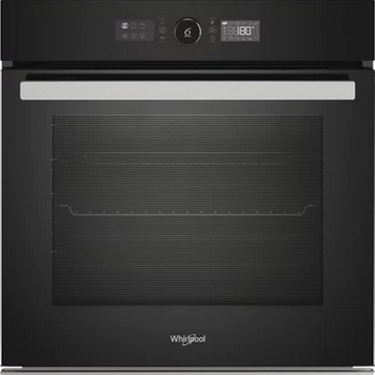 Een zwarte Whirlpool oven. Het heeft een display en een metalen handgreep.