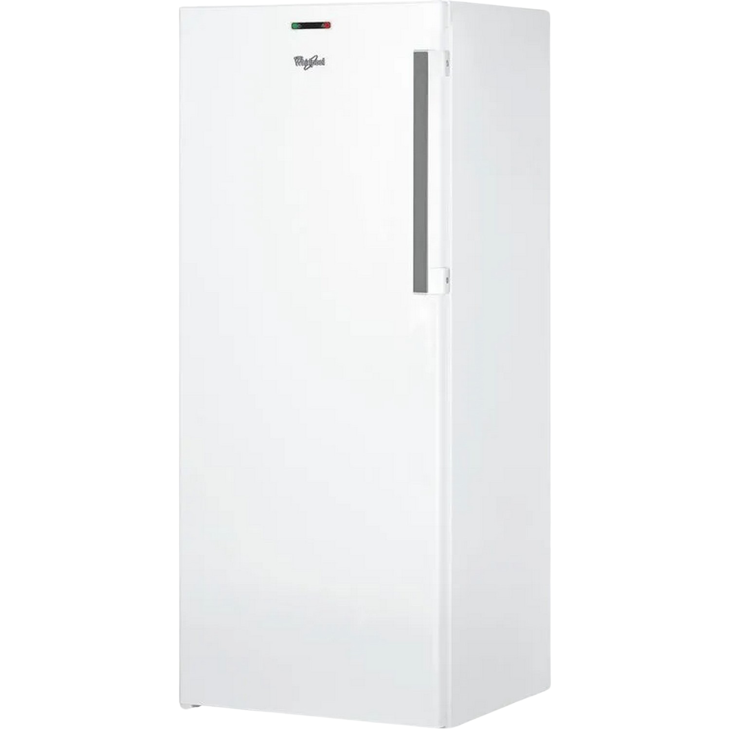 Een witte, hoge Whirlpool-koelkast. Hij heeft een enkele deur, een handvat en een klein bedieningspaneel bovenop.