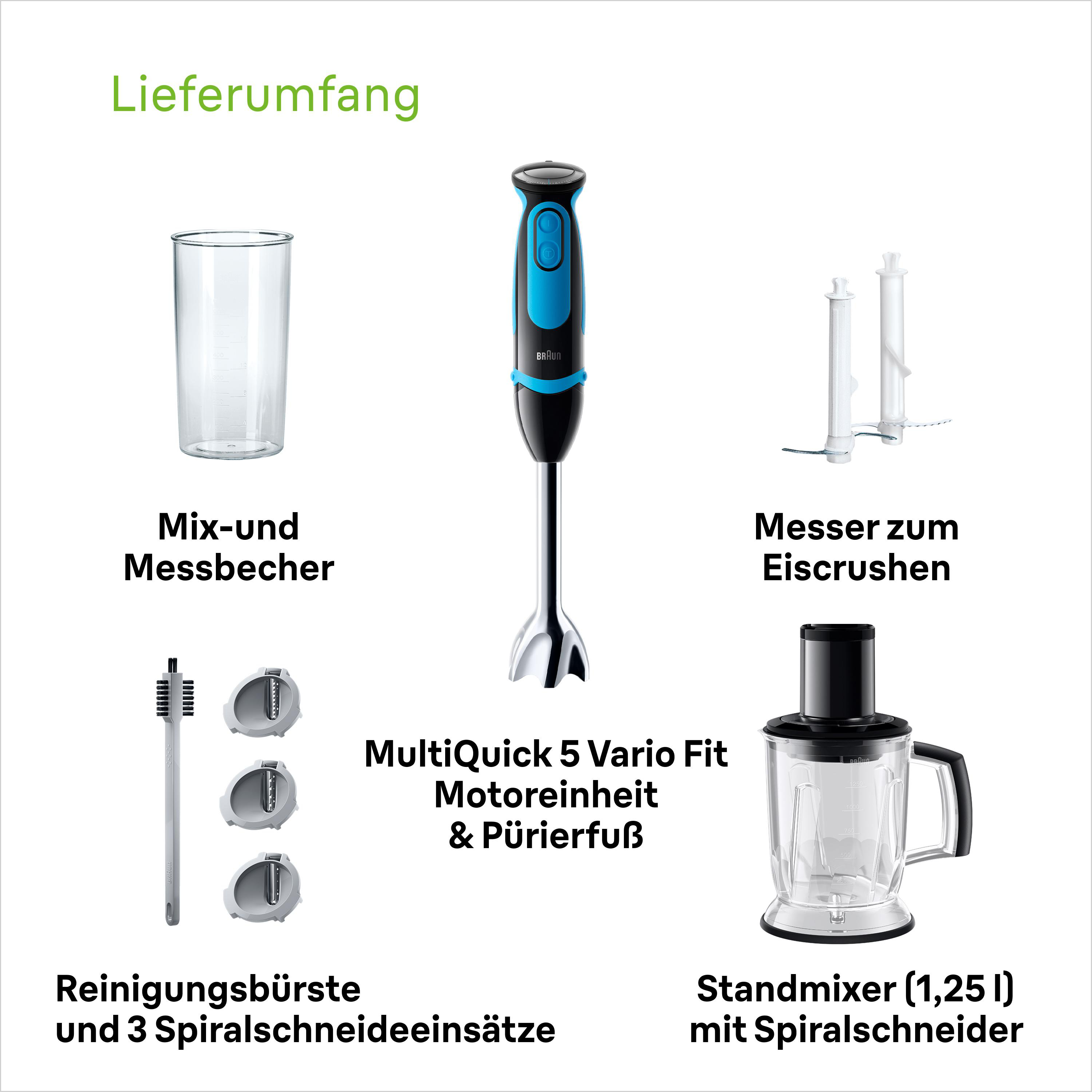 BRAUN MultiQuick 5 Vario Fit MQ 5264BKBL Shape Stabmixer Premium Schwarz/Blau (1000 Watt, 1.25 Liter Standmixer, 600 ml Mix- und Messbecher)