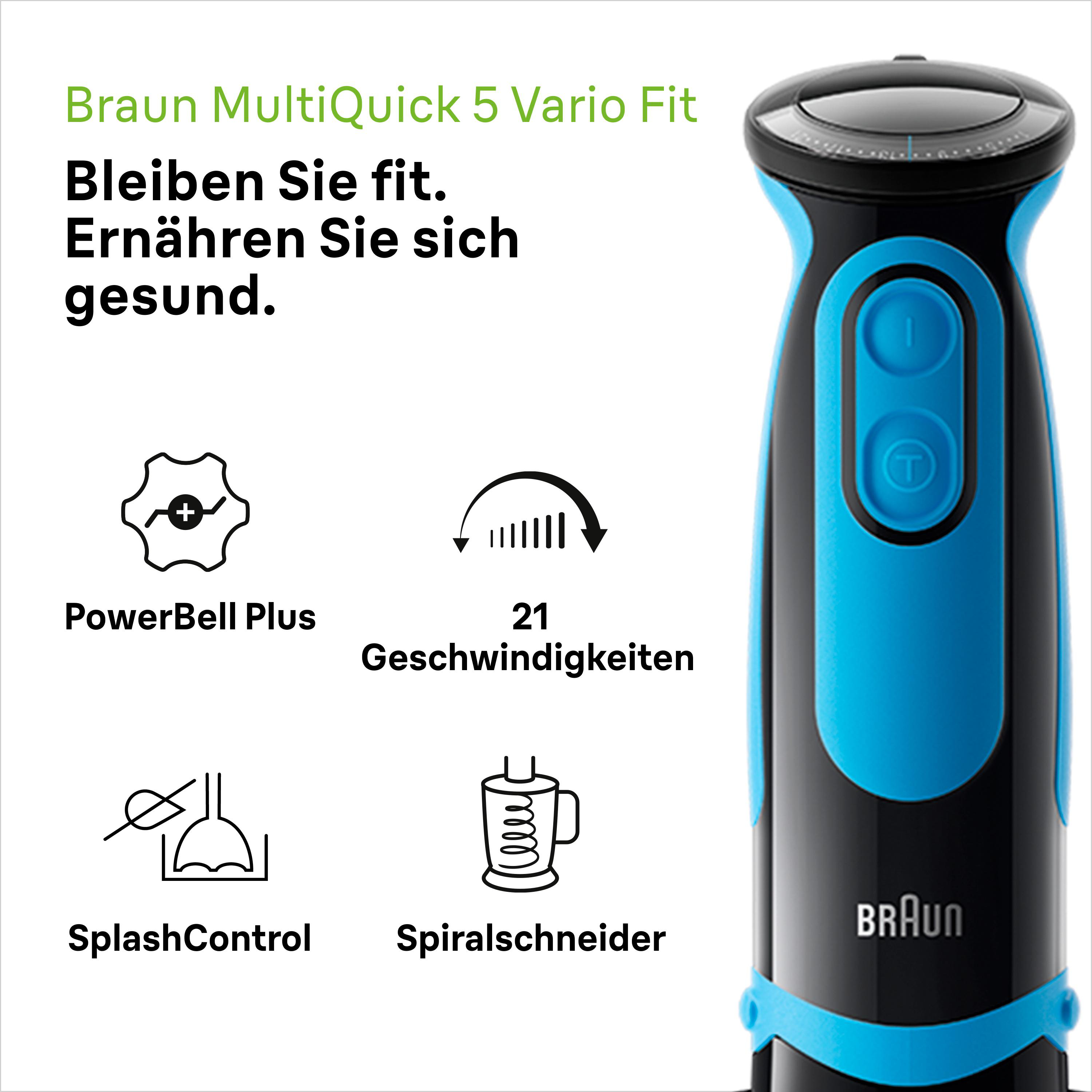 BRAUN MultiQuick 5 Vario Fit MQ 5264BKBL Shape Stabmixer Premium Schwarz/Blau (1000 Watt, 1.25 Liter Standmixer, 600 ml Mix- und Messbecher)