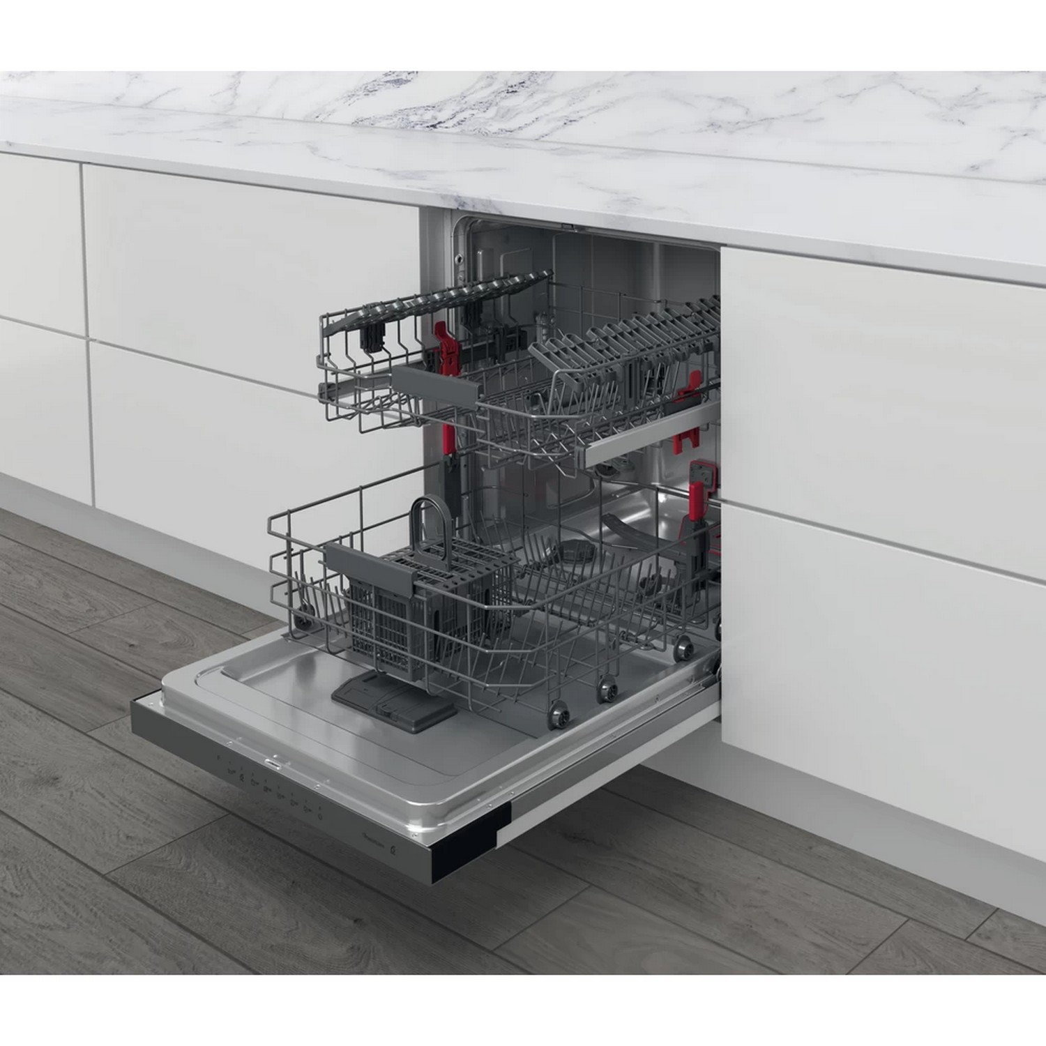 Lave-vaisselle avec porte ouverte, montrant les paniers et l'intérieur. Intérieur en acier inoxydable.