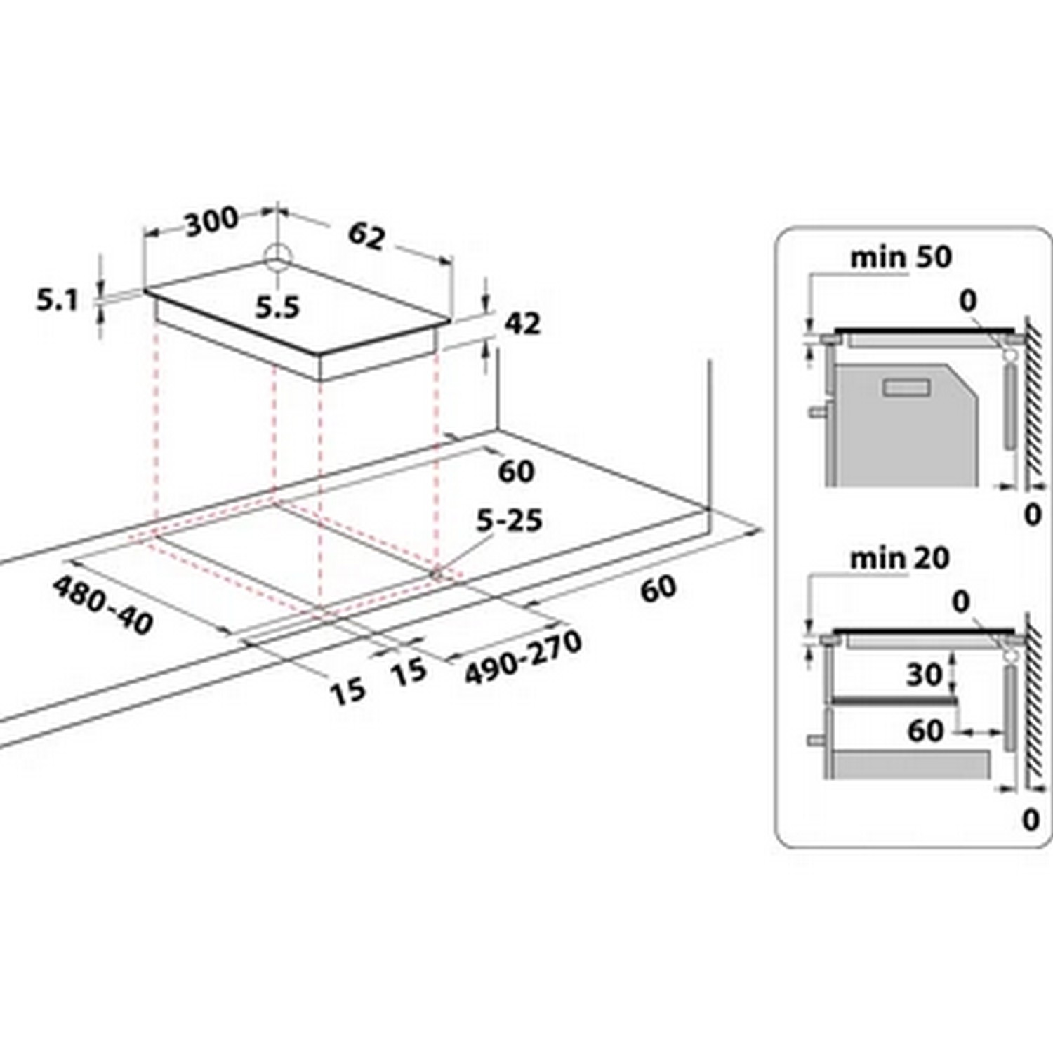 Diagram of a black built-in hob, with dimensions and a side view schematic.