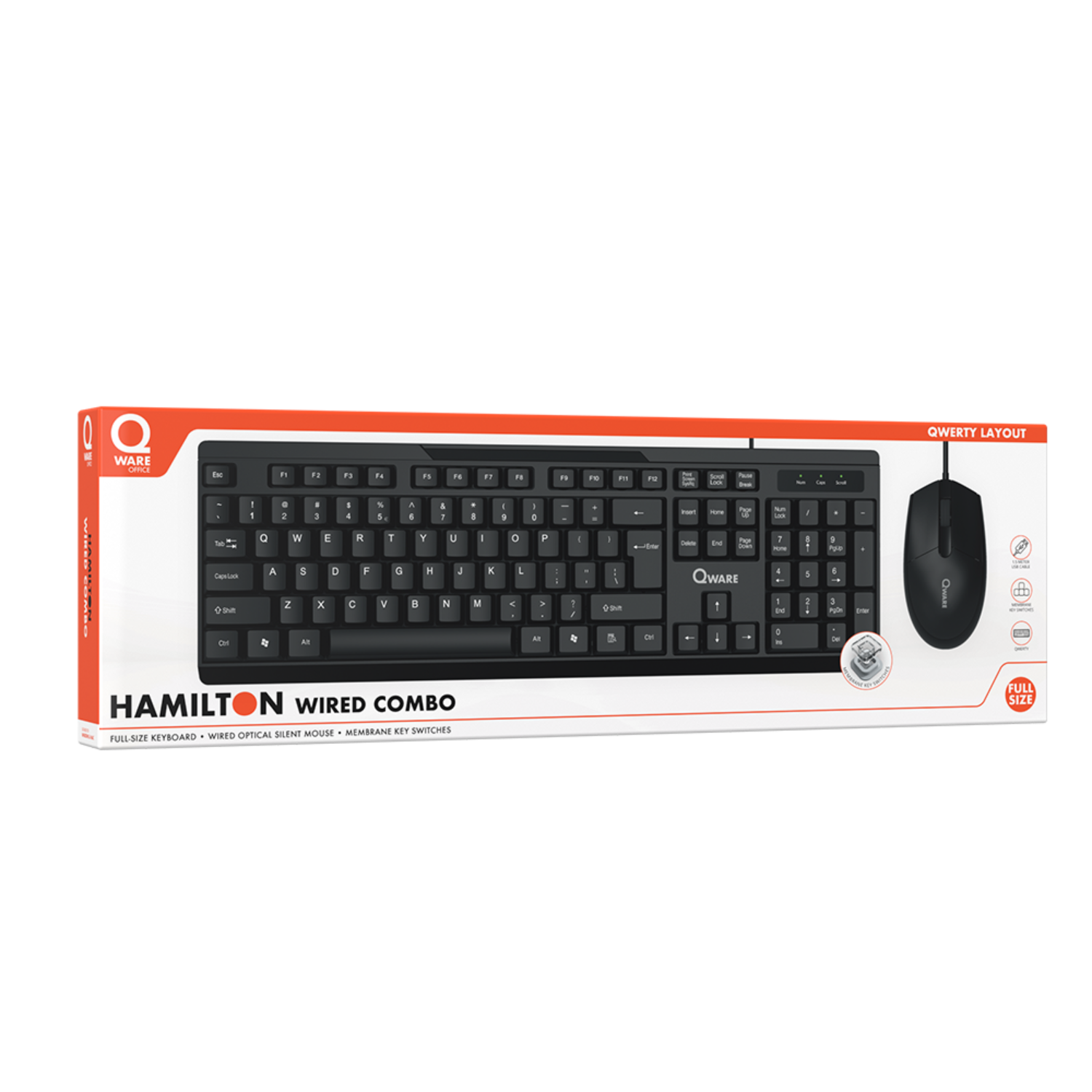 Een zwarte Qware toetsenbord- en muiscombo in een doos, met een QWERTY-indeling.