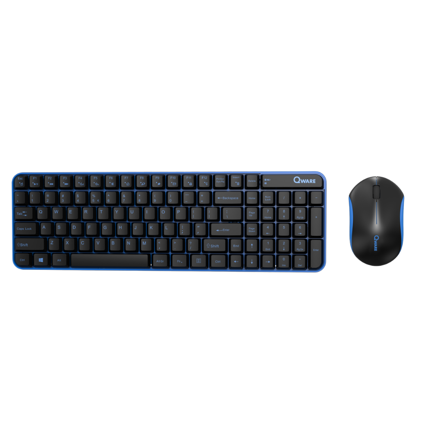 Qware toetsenbord en muis combo. Zwart en blauw, draadloos.