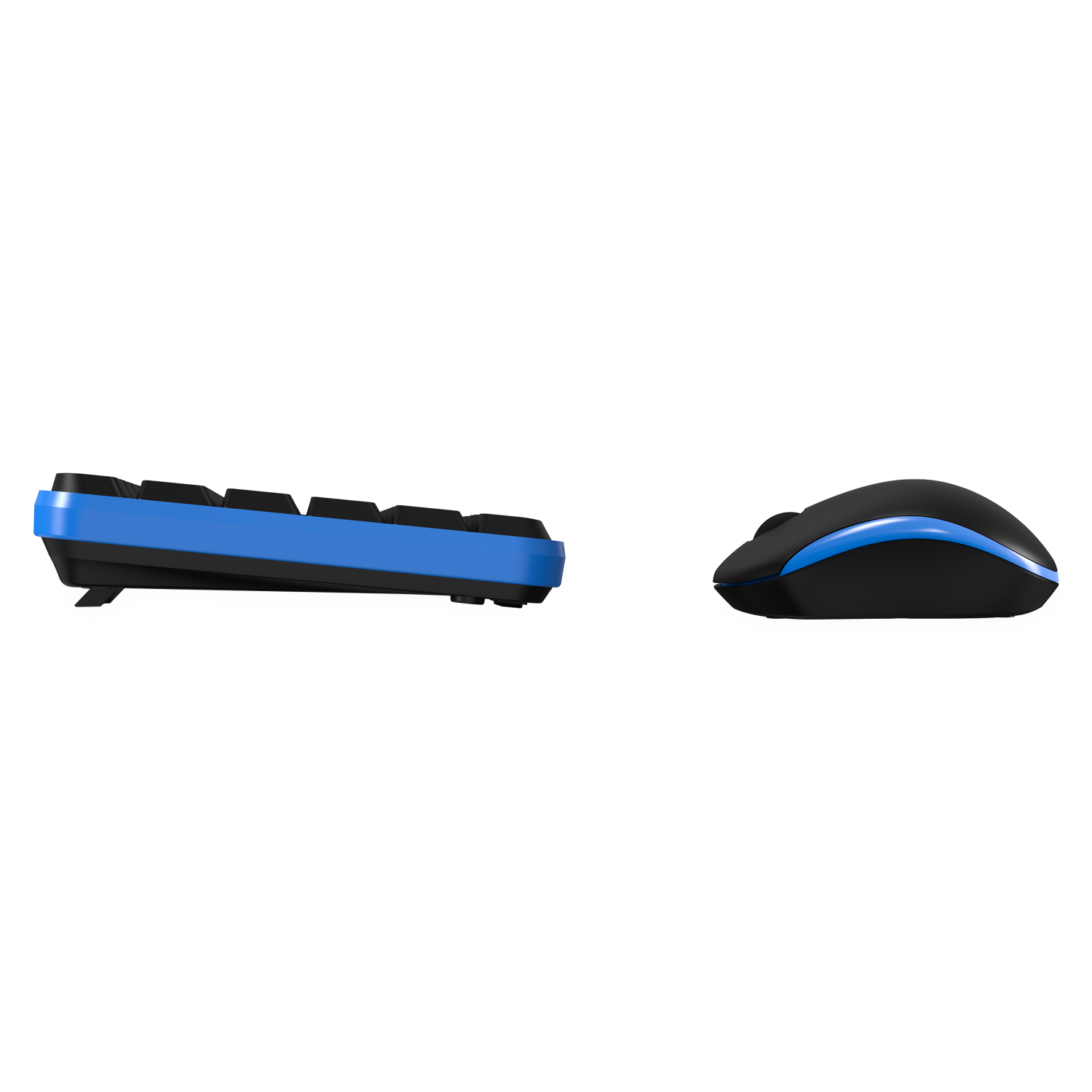 Zijaanzicht van een zwart en blauw toetsenbord en een zwarte muis.