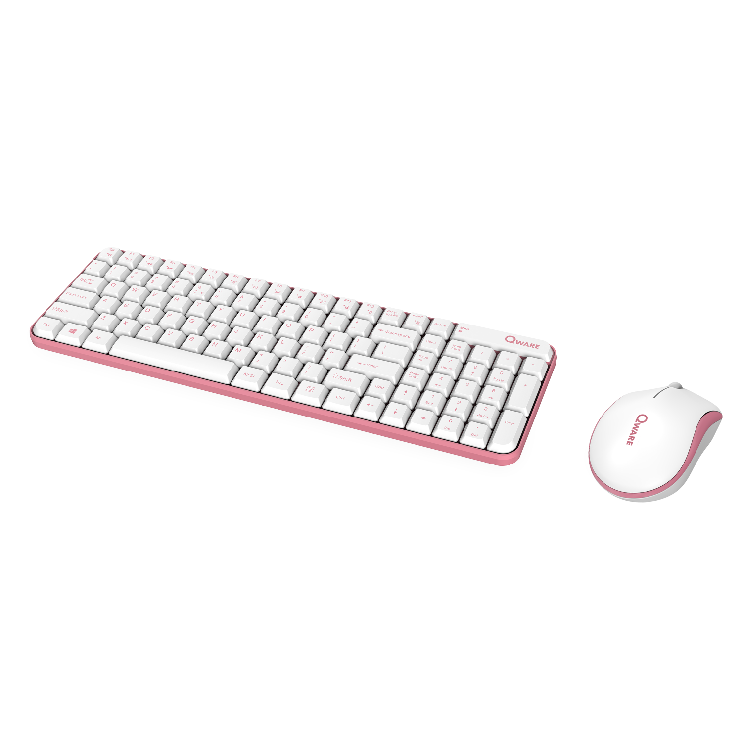 Een roze en witte toetsenbord- en muisset. Het toetsenbord heeft witte toetsen en een roze frame. De muis is ook roze.