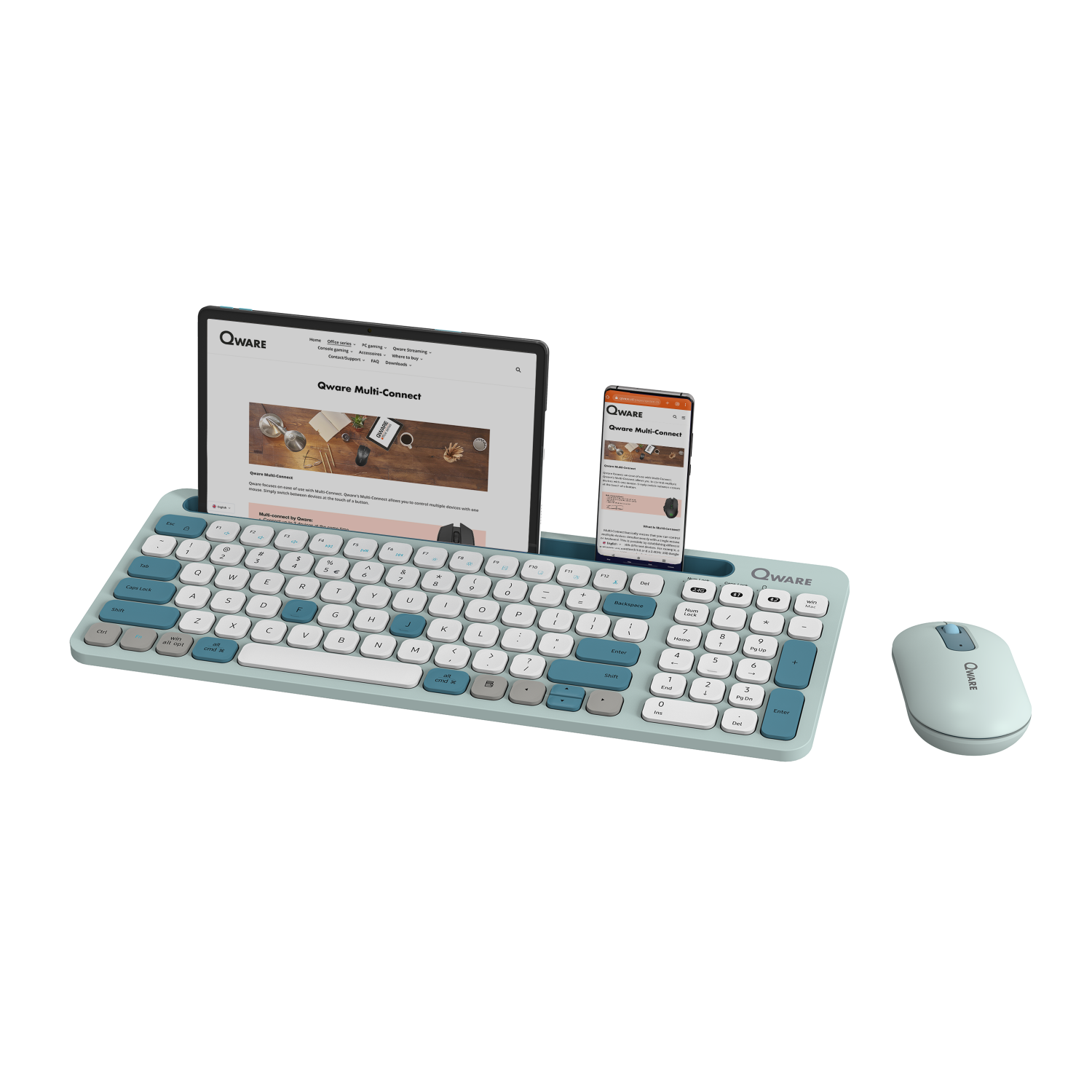 Een lichtblauw toetsenbord met een tablet en een telefoon erop. Een muis staat rechts.