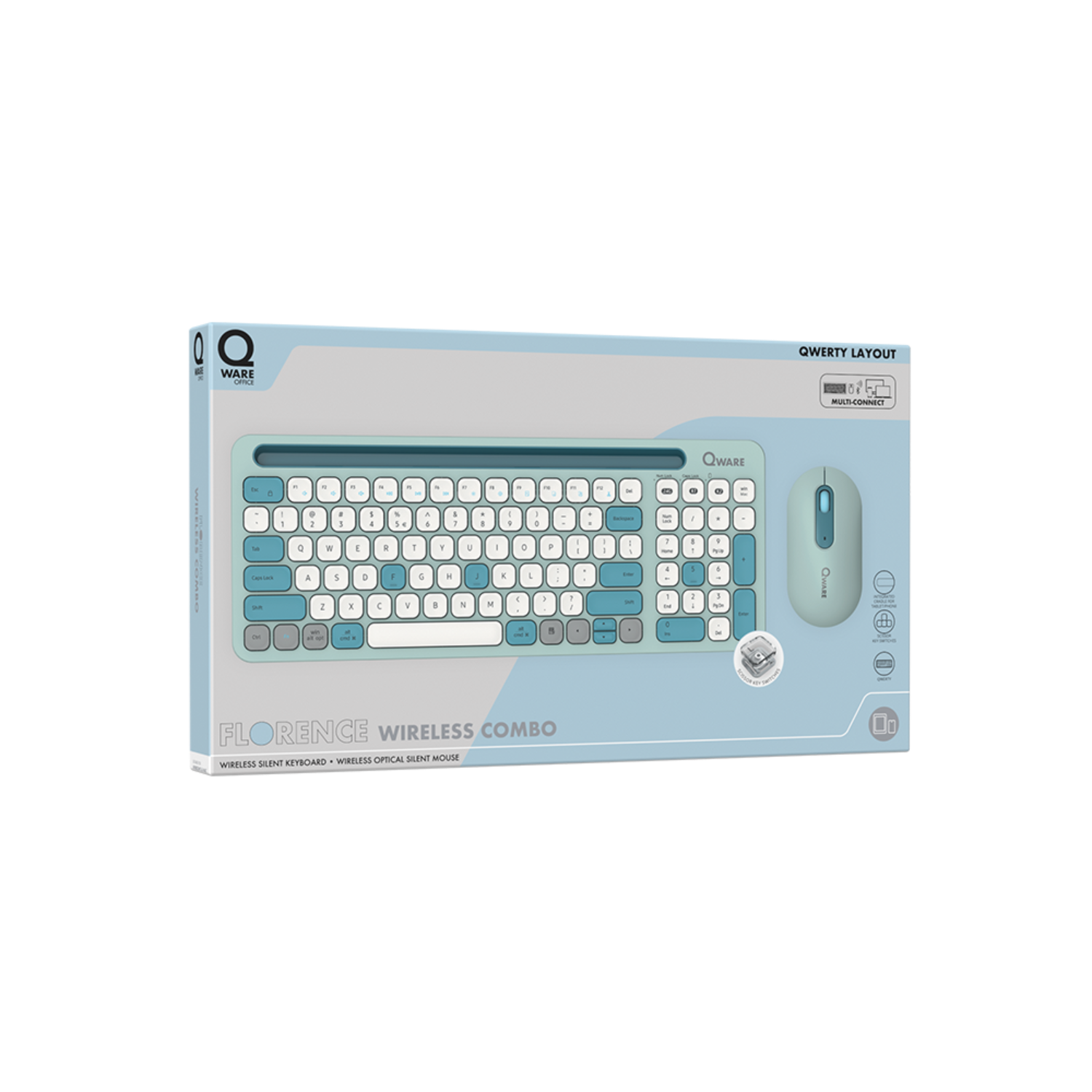 Toetsenbord- en muisset op een doos. Toetsenbord is wit en blauw. Muis is blauw. Tekst op de doos.