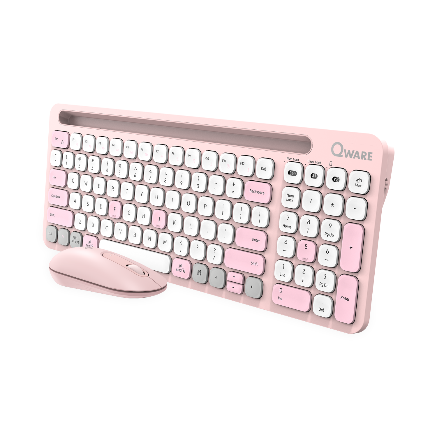 Een roze draadloze toetsenbord- en muisset op een wit oppervlak. Het toetsenbord heeft witte en grijze toetsen.